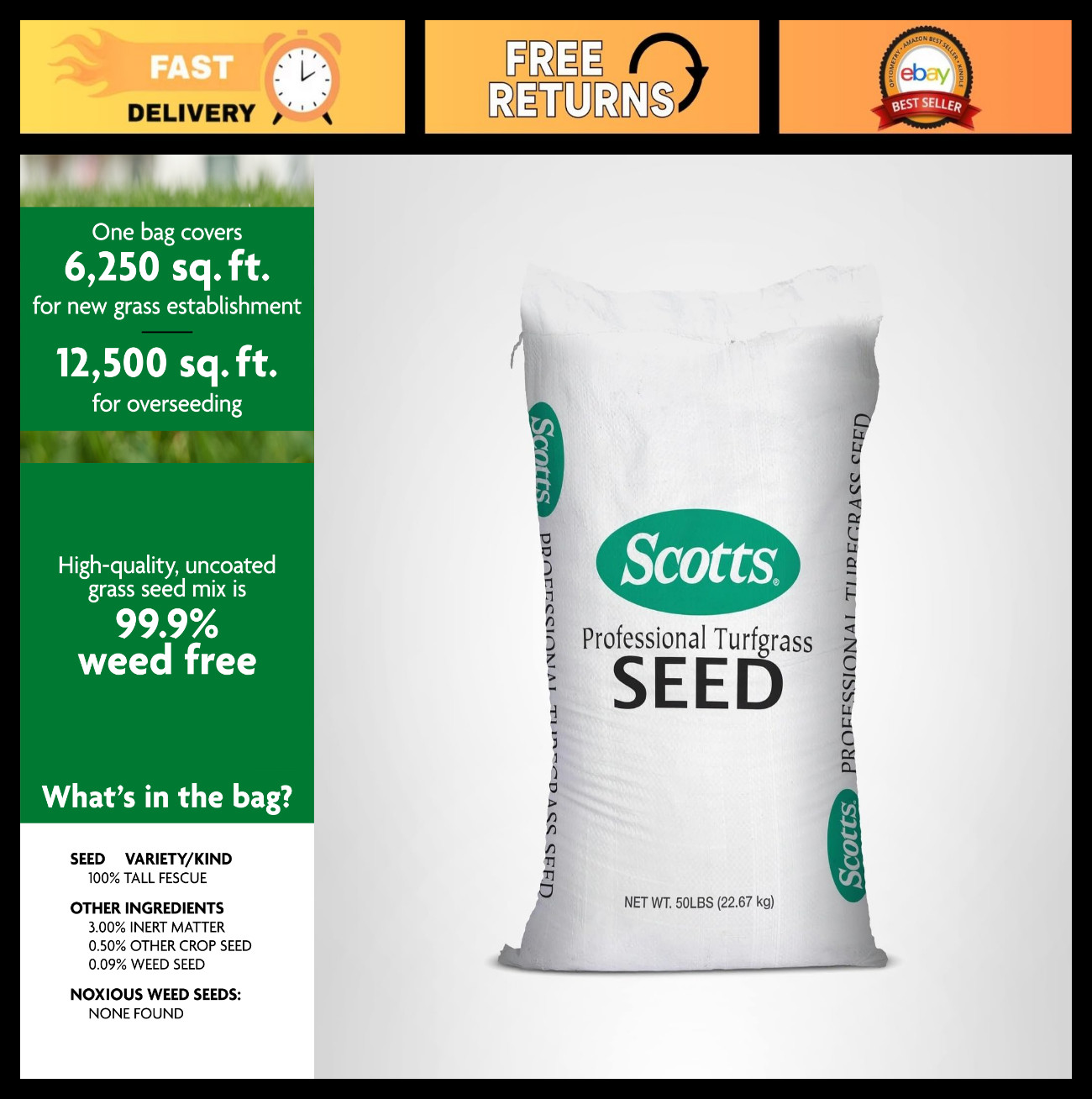 Premium Tall Fescue Grass Seed Mix 50 lbs | Uncoated, 99.9% Weed Free, Bulk Turf