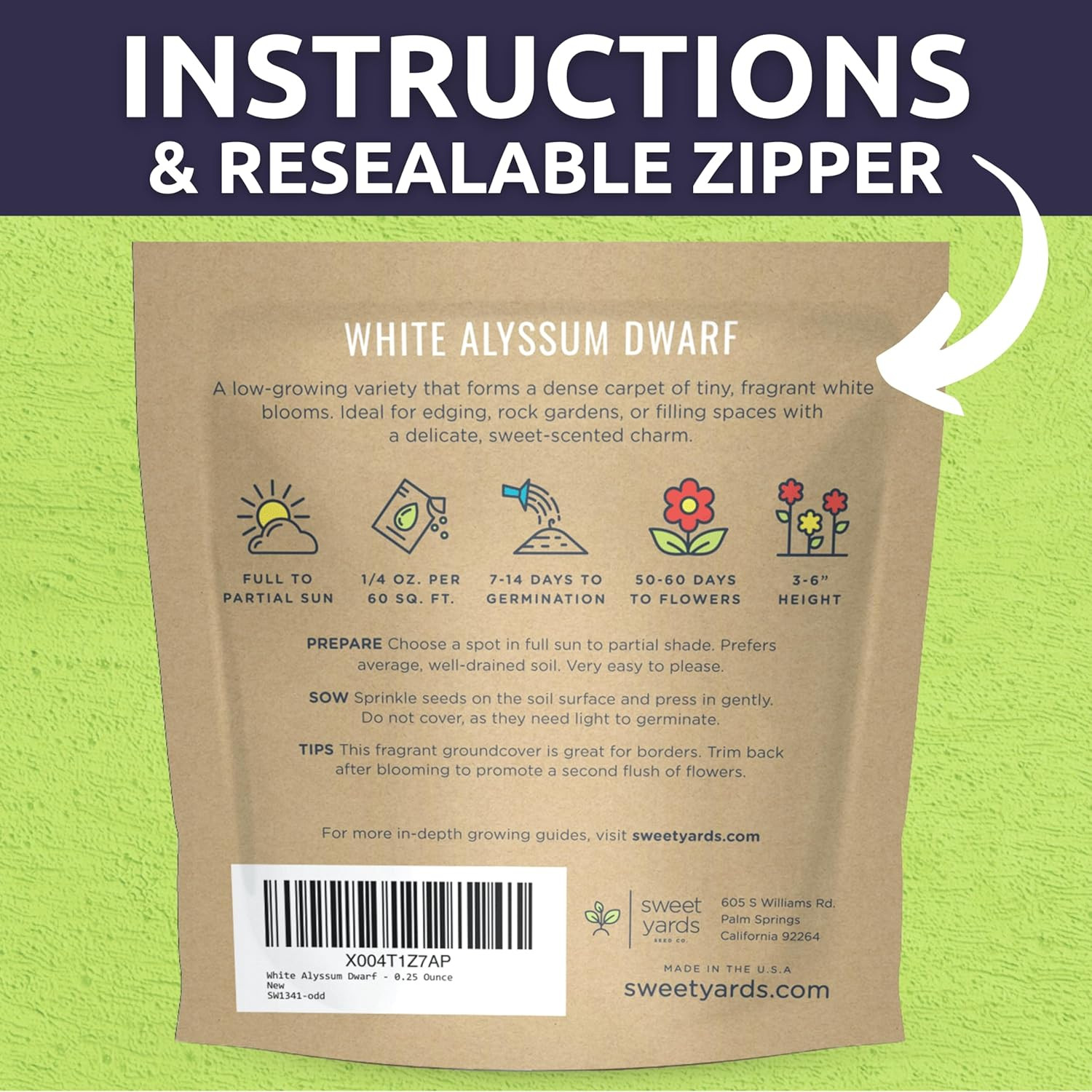 Alyssum Dwarf White – Carpet of Snow – Large 1/4 Ounce Seed Packet – 17,000 Flow