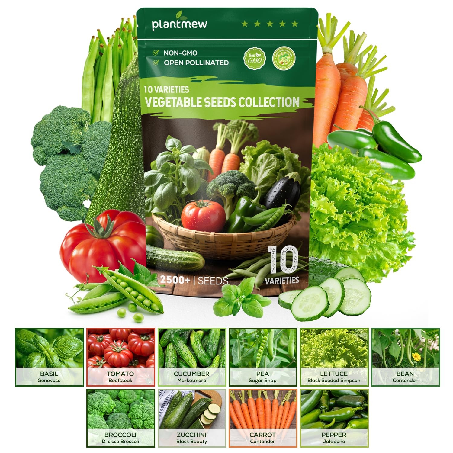 PLANTMEW 10 Vegetable Seeds Pack – Heirloom – Basil, Snap Pea, 10-Pack
