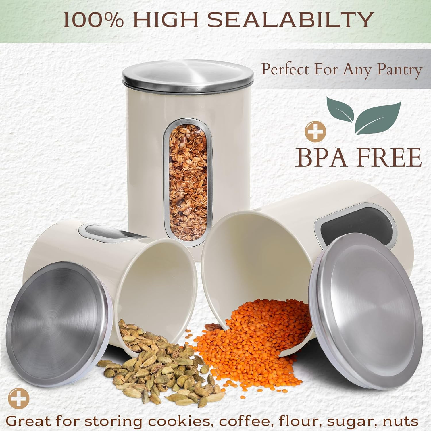 Moss & Stone 3-Piece Beige Canisters Sets for the Kitchen, Airtight Canister Set