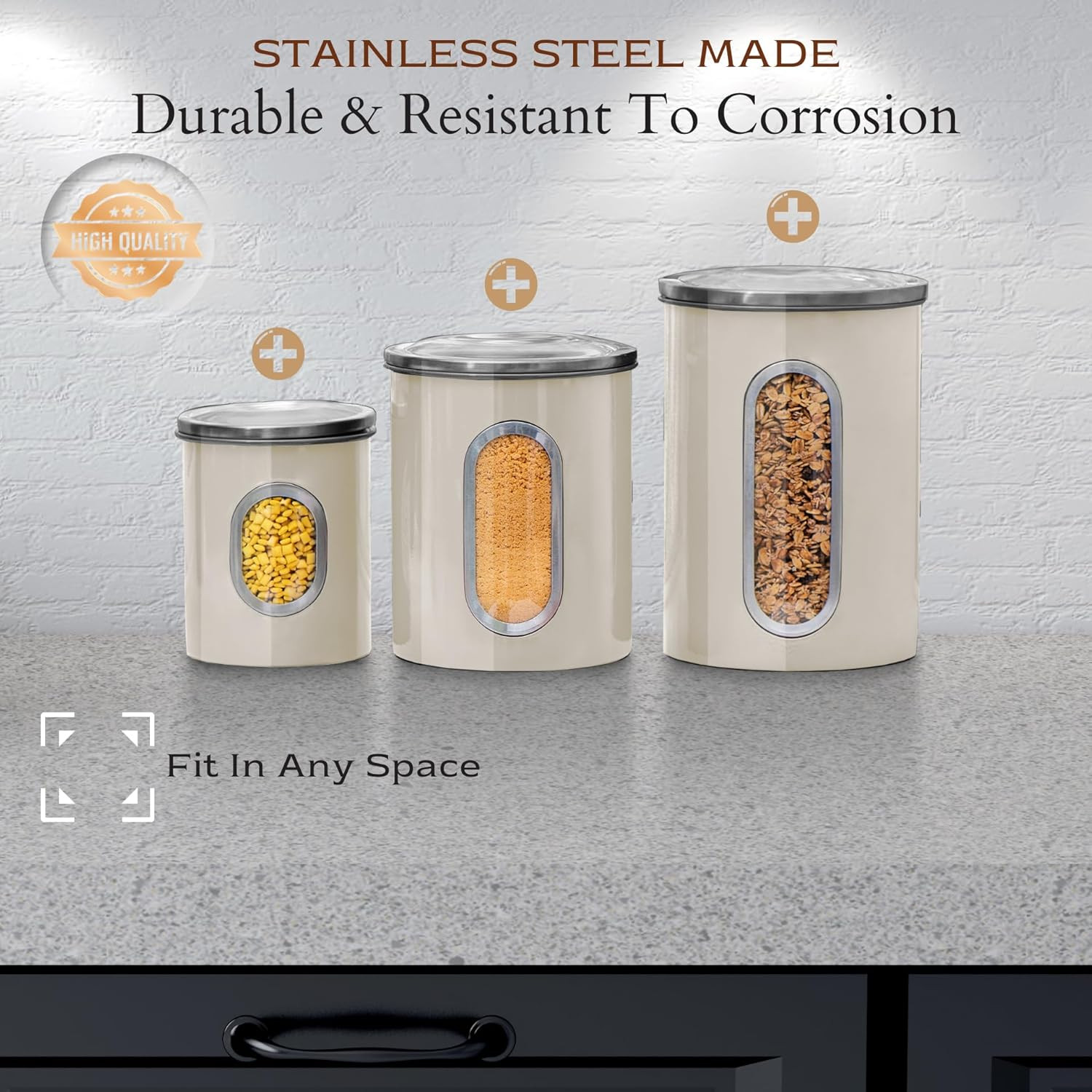Moss & Stone 3-Piece Beige Canisters Sets for the Kitchen, Airtight Canister Set