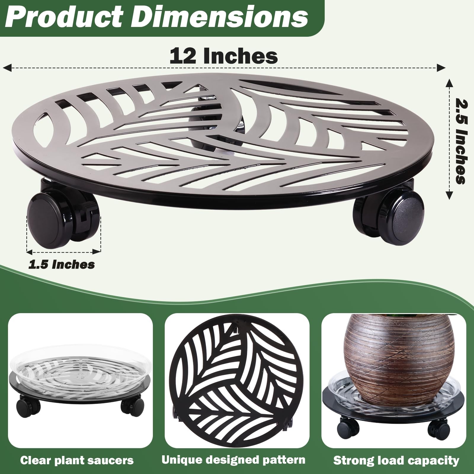 5-Packs 12″ Large Metal Plant Caddy w/ PU Wheels Heavy-Duty Wrought Iron Rolling