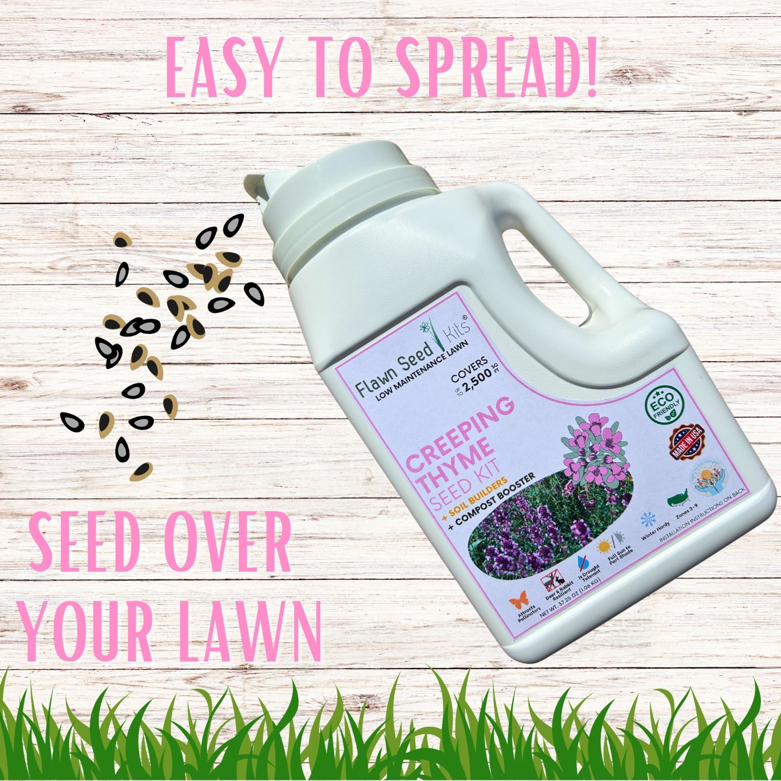 Flawn Seed Creeping Thyme, Easy Spread Shaker, Pollinator Friendly, Ground Cover