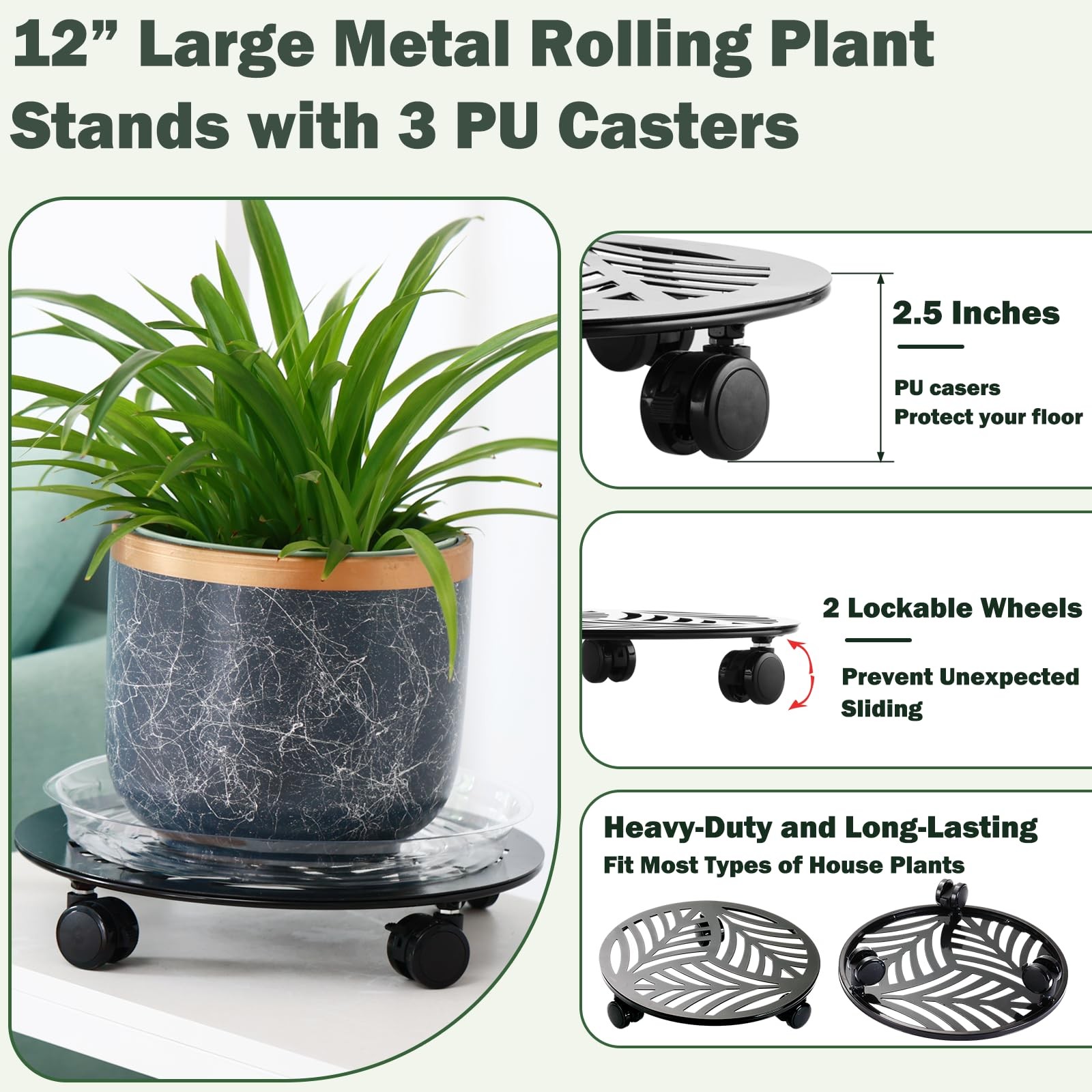 5-Packs 12″ Large Metal Plant Caddy w/ PU Wheels Heavy-Duty Wrought Iron Rolling