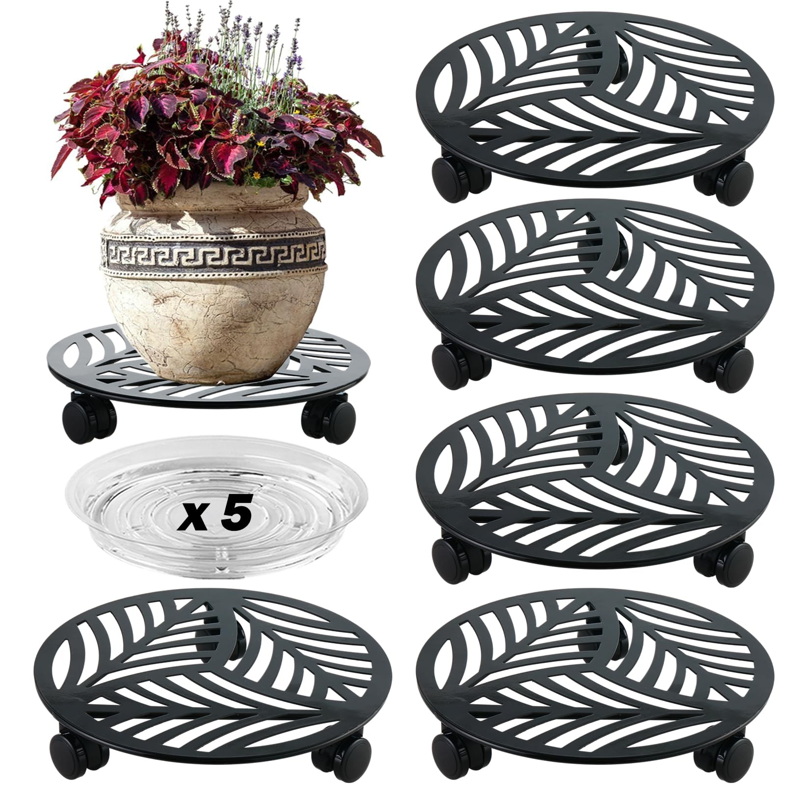 5-Packs 12″ Large Metal Plant Caddy w/ PU Wheels Heavy-Duty Wrought Iron Rolling