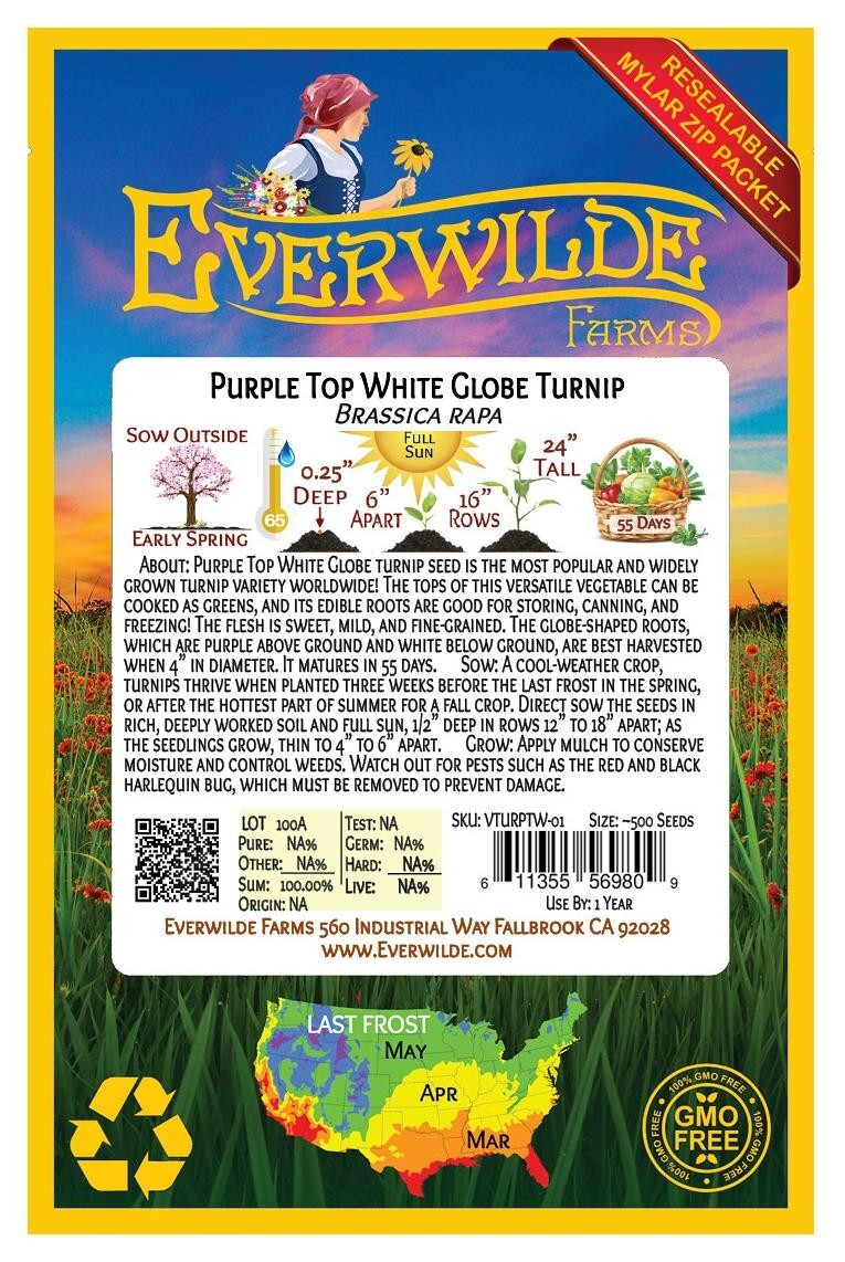 500 Purple Top White Globe Turnip Seeds – Everwilde Farms Mylar Seed Packet