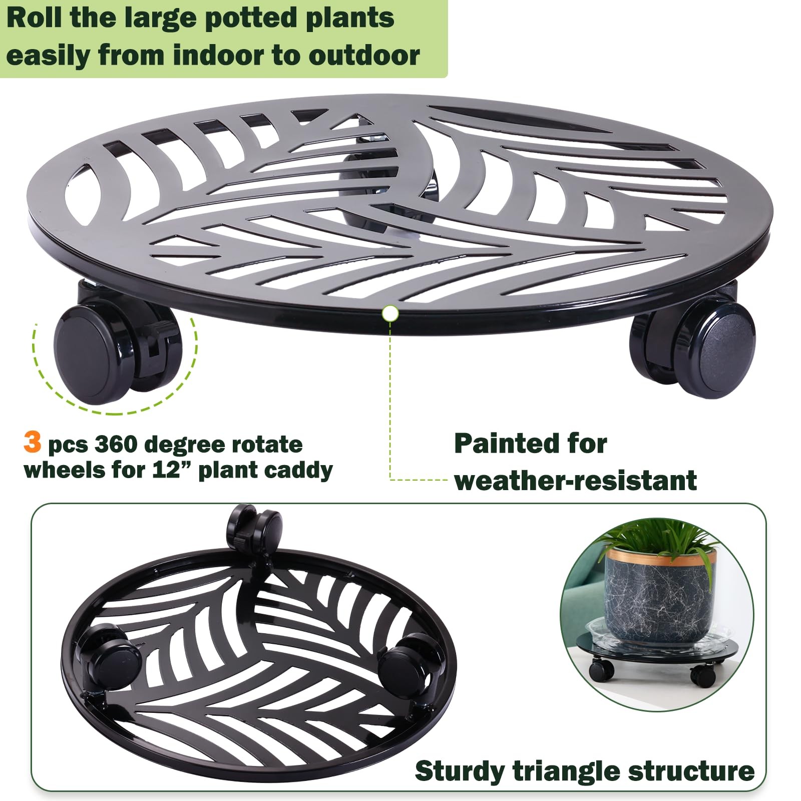 2x 12″ Heavy Duty Wrought Iron Plant Caddy w/ PU Wheels – Indoor/Outdoor