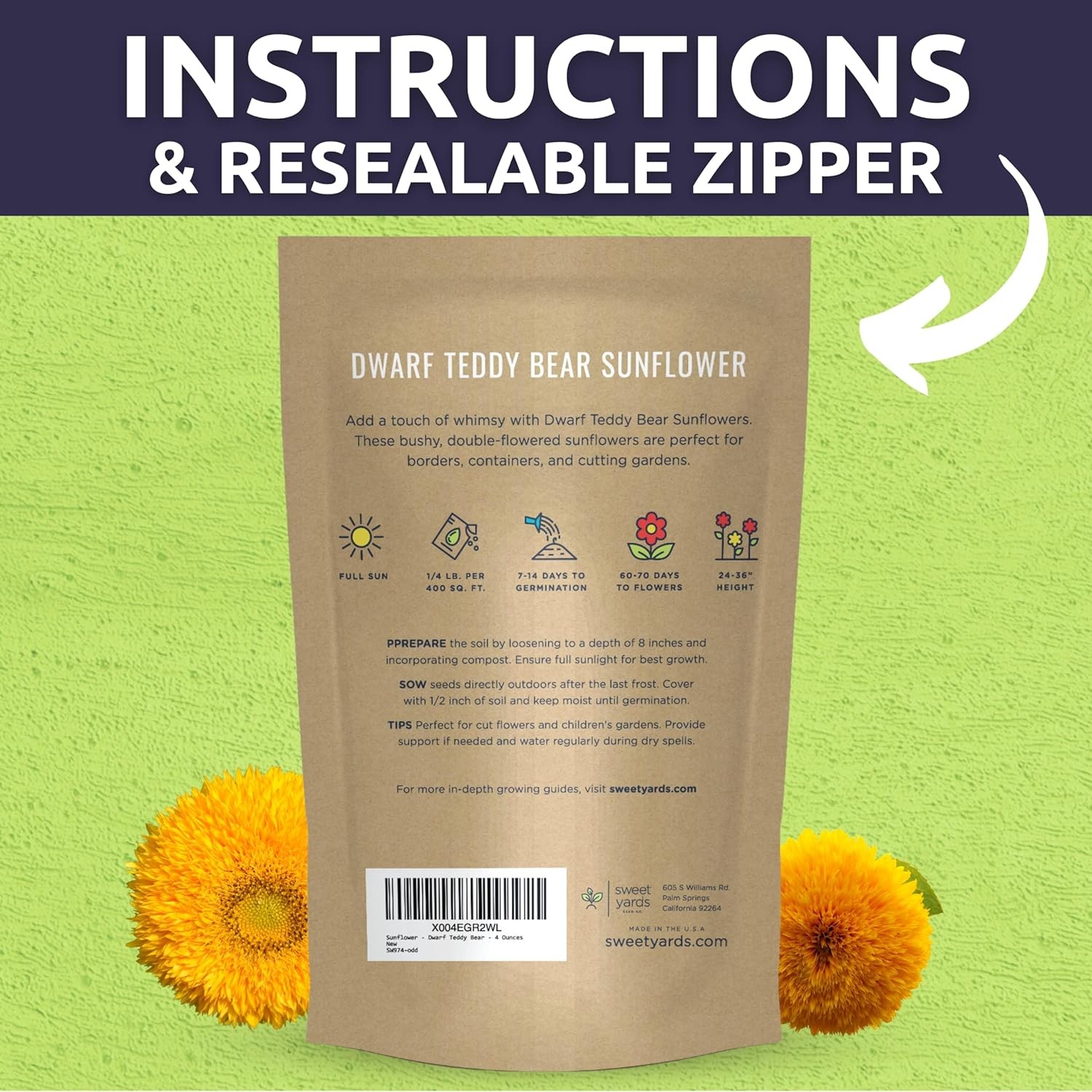 Dwarf Teddy Bear (Sungold) Sunflower – Bulk 1/4 Pound Bag (5,000 Seeds)