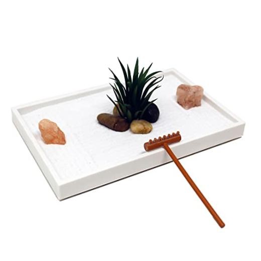 Mini Zen Garden Kit for Desk with White Sand, Rake, White Base, Salt Rectangle