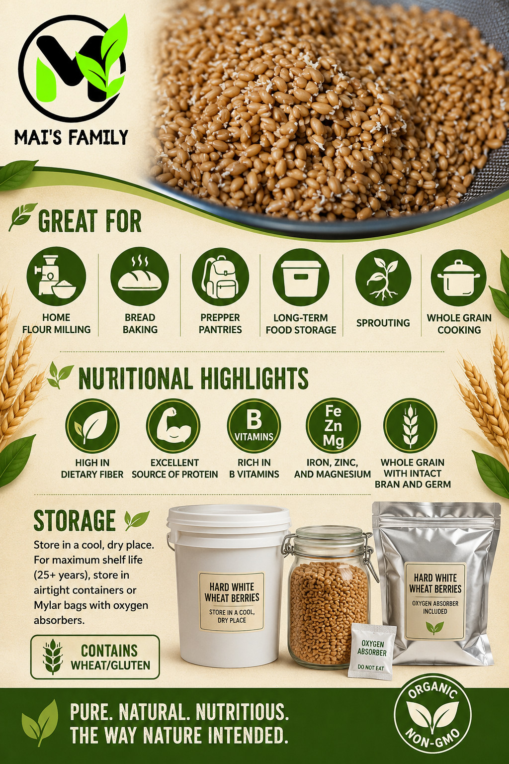 Organic Hard White Wheat Berries Seeds Mill Direct Wheatgrass Sprouting Grain