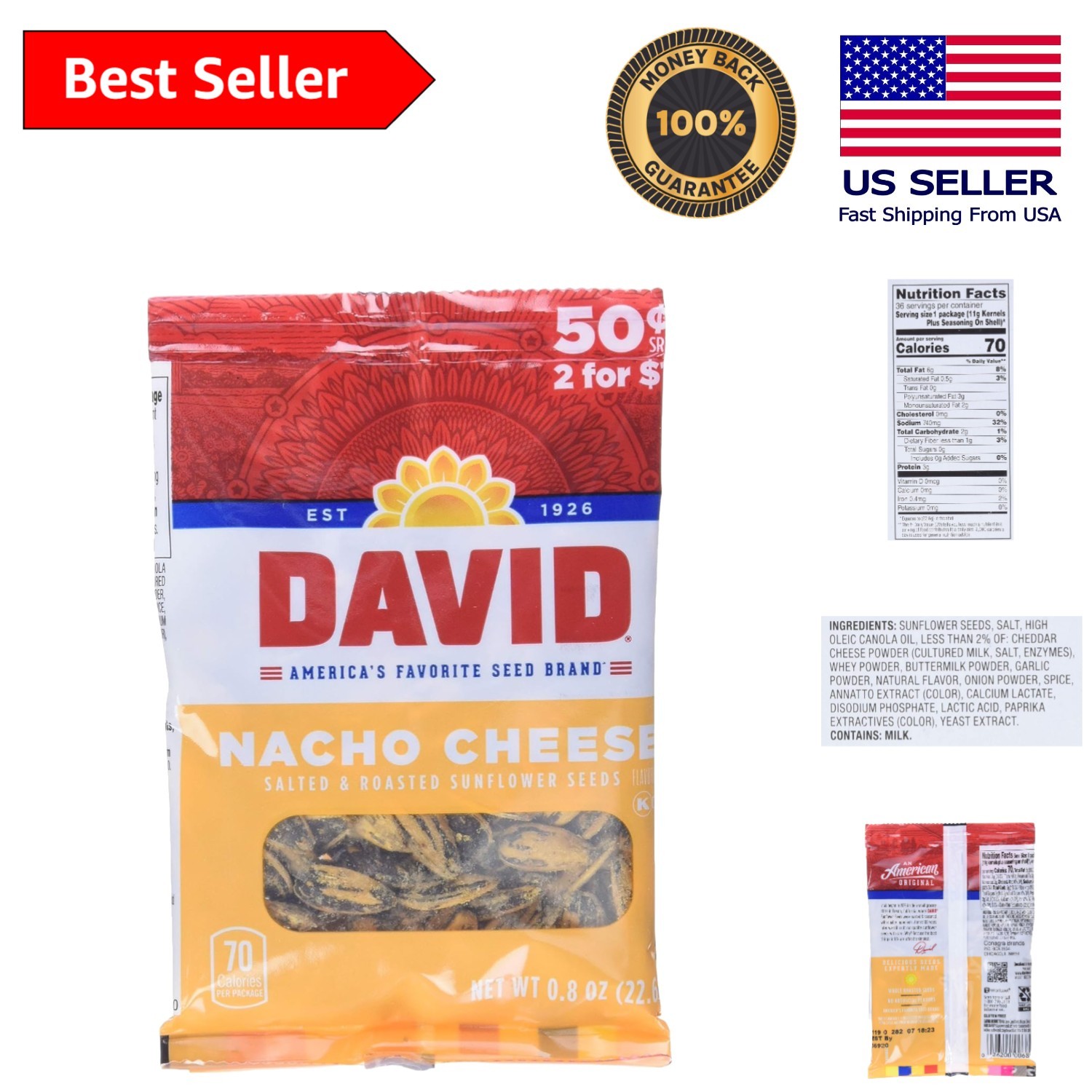 36 Pack of Roasted Nacho Cheese Sunflower Seeds, 0.8 Ounce Each – Healthy Snack