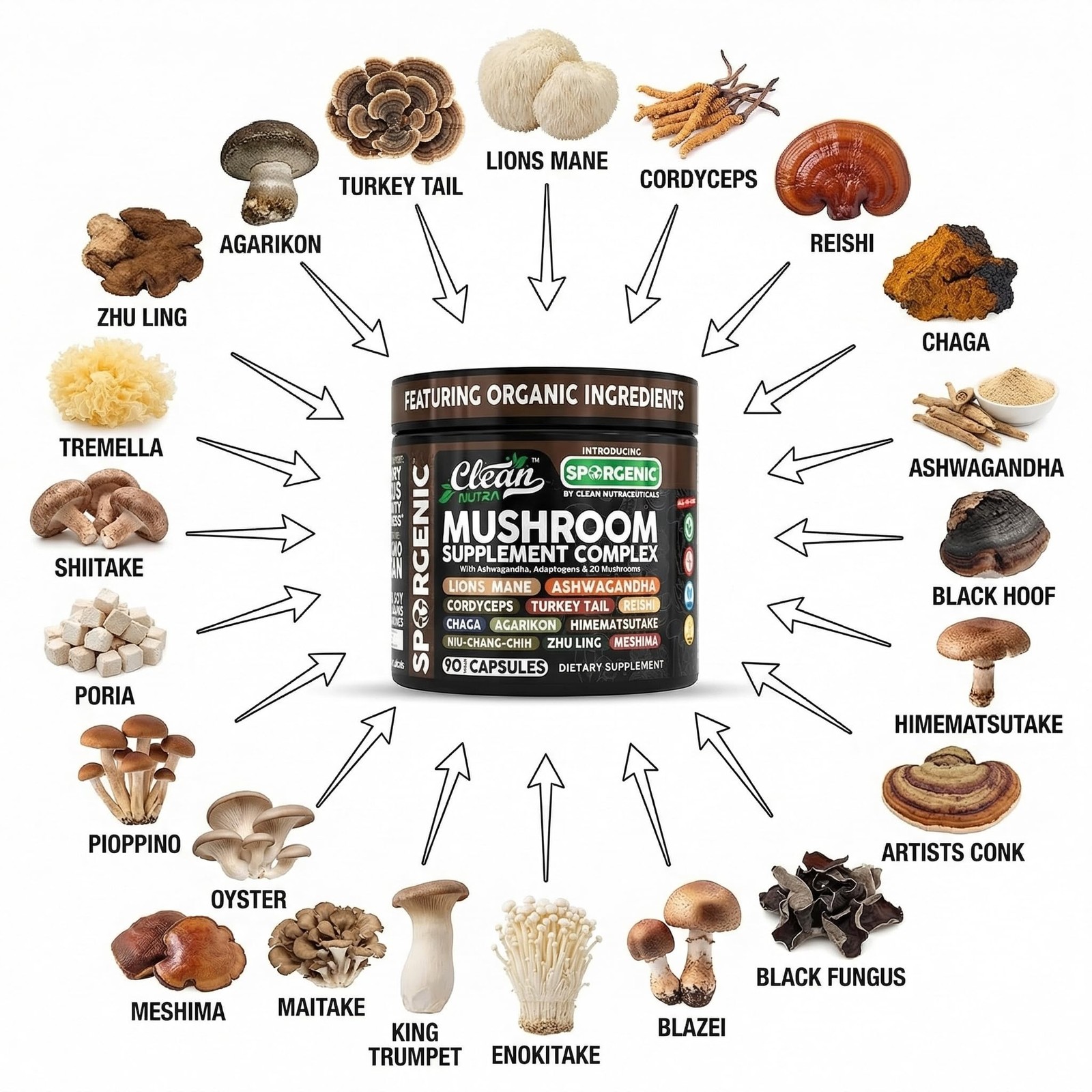 Organic Mushroom Supplement | Ashwagandha 90 Count (Pack of 1), Black/Brown