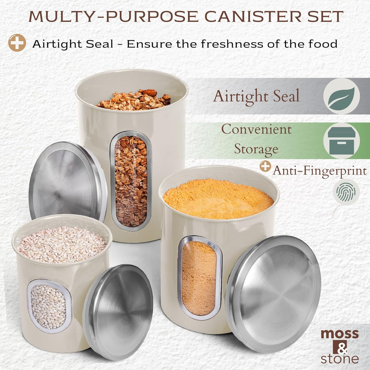 Moss & Stone 3-Piece Beige Canisters Sets for the Kitchen, Airtight Canister Set
