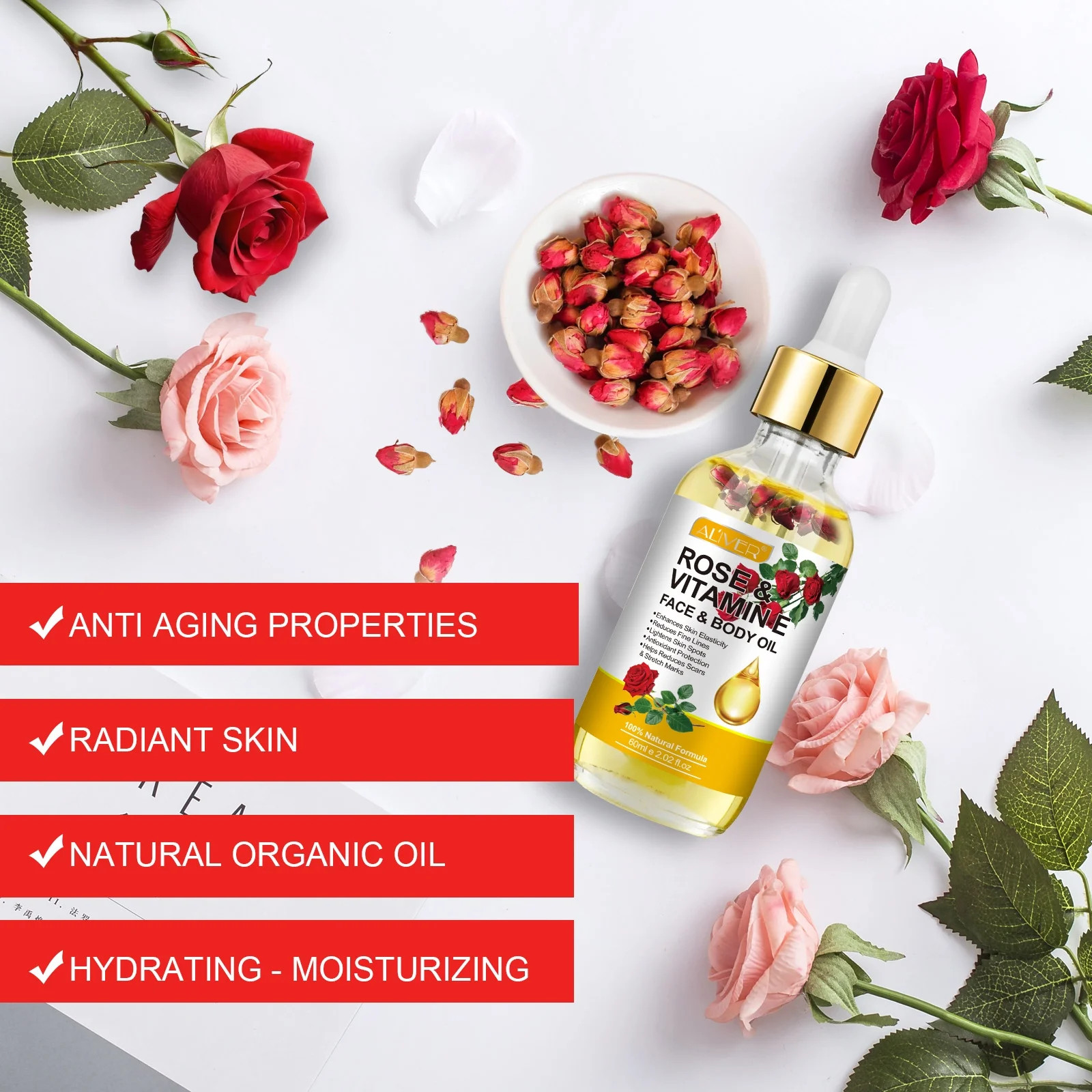 Rose & Vitamin E Hydrating Oil-Vitamin E Oil for Face & Body-Natural Formula,Int