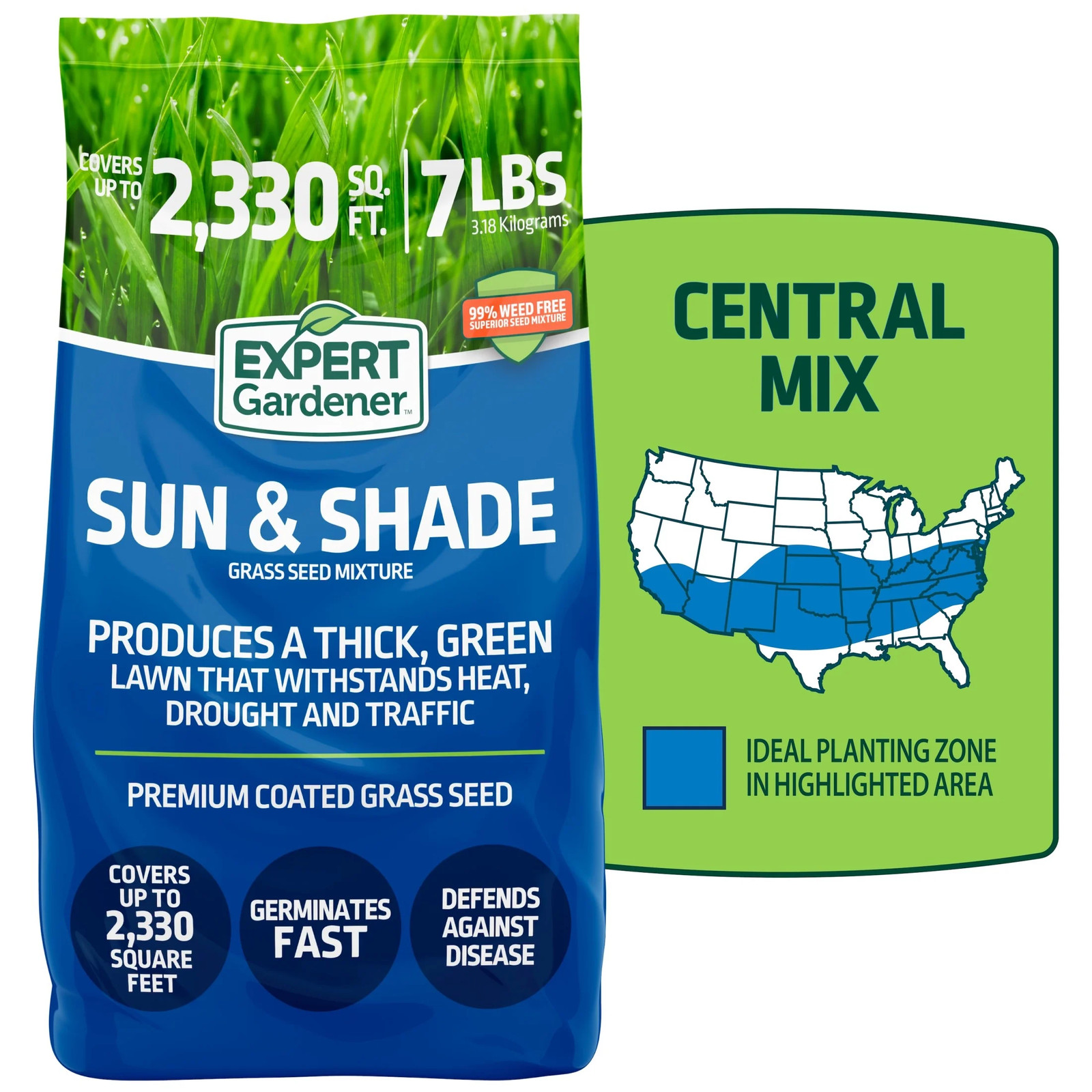 Sun & Shade Southern Grass Seed Mix, for Sun to Partial Shade, 7 Lb.