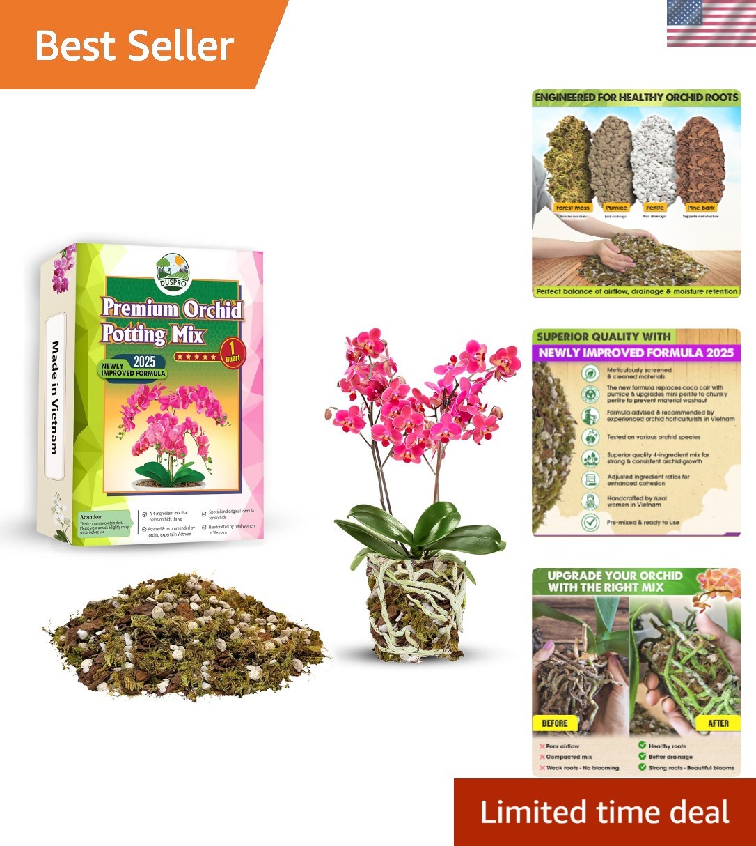 1 Quart Orchid Potting Soil – Enhanced Aeration with Chunky Perlite & Pine Bark