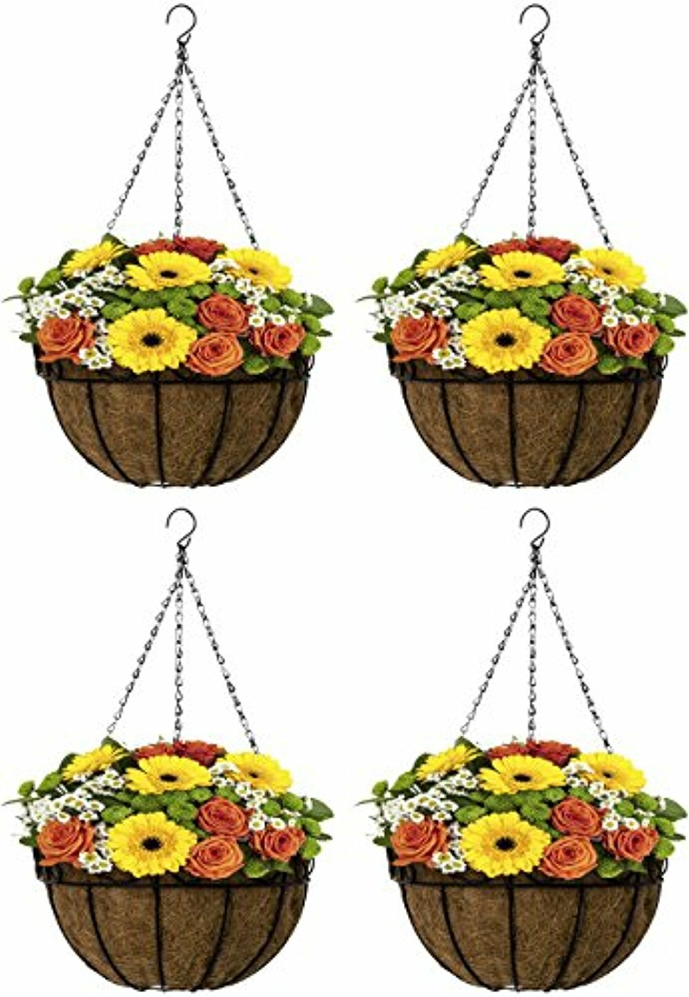 4 Pack Metal Hanging Planter Huge 14″ Flower Pot Coco Coir Liner Indoor/Outdoor