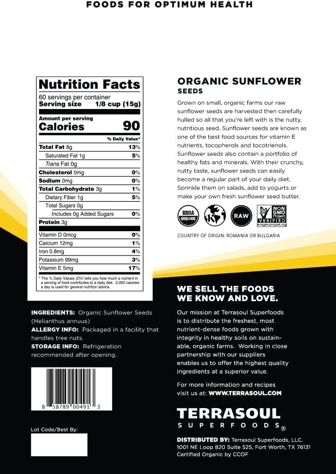 Organic Hulled Sunflower Seeds – 32 Ounce Resealable Pouch for Freshness