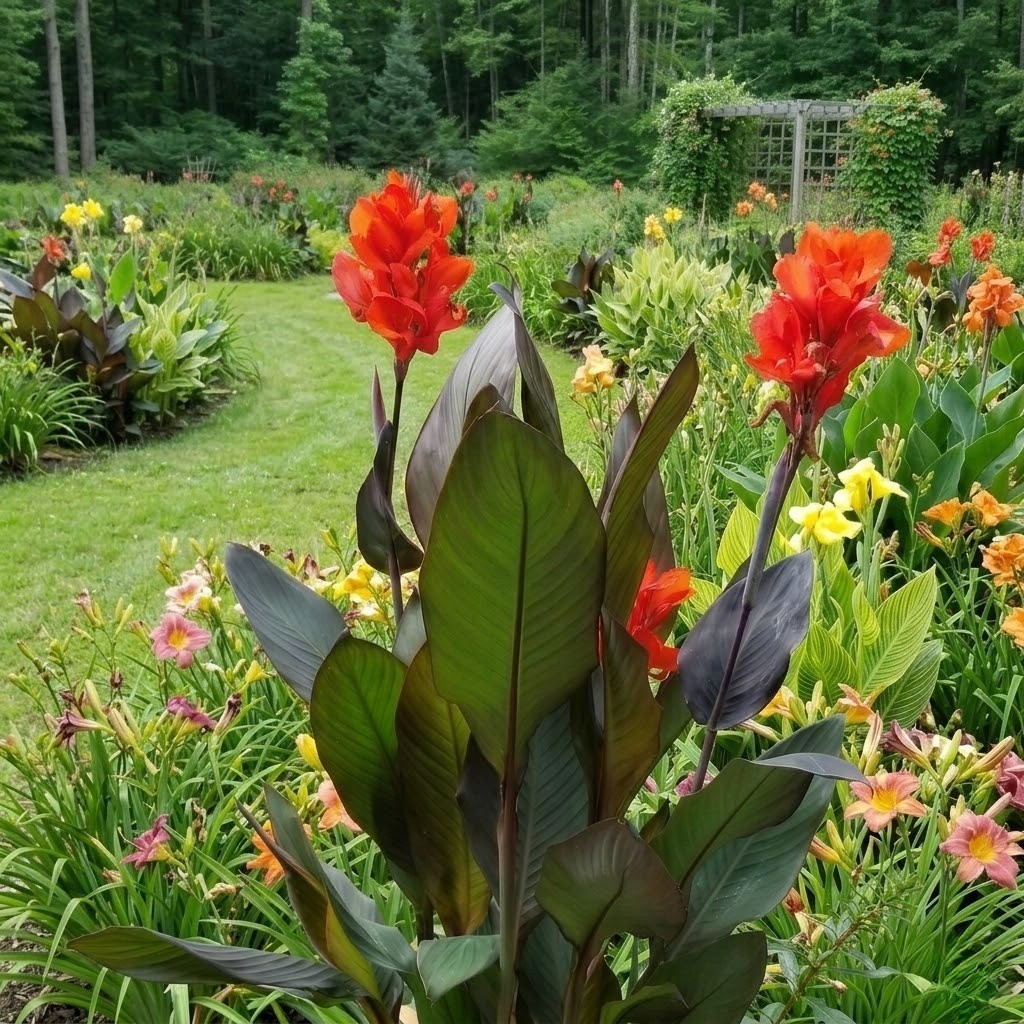 Cannova Bronze Orange Canna Lily, Bright Tropical Blooms, Burgundy Green Leaves