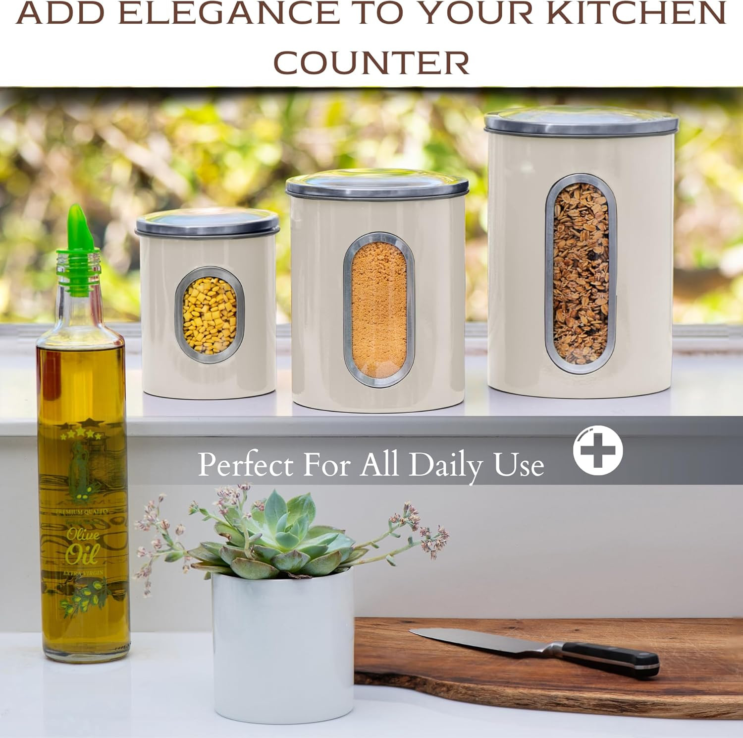 Moss & Stone 3-Piece Beige Canisters Sets for the Kitchen, Airtight Canister Set