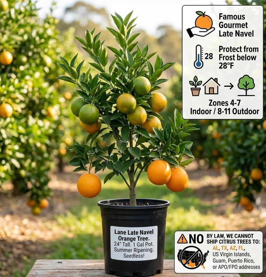 Lane Late Navel Orange Tree 24″ Live Plant Seedless Summer Ripening Semi-Dwarf