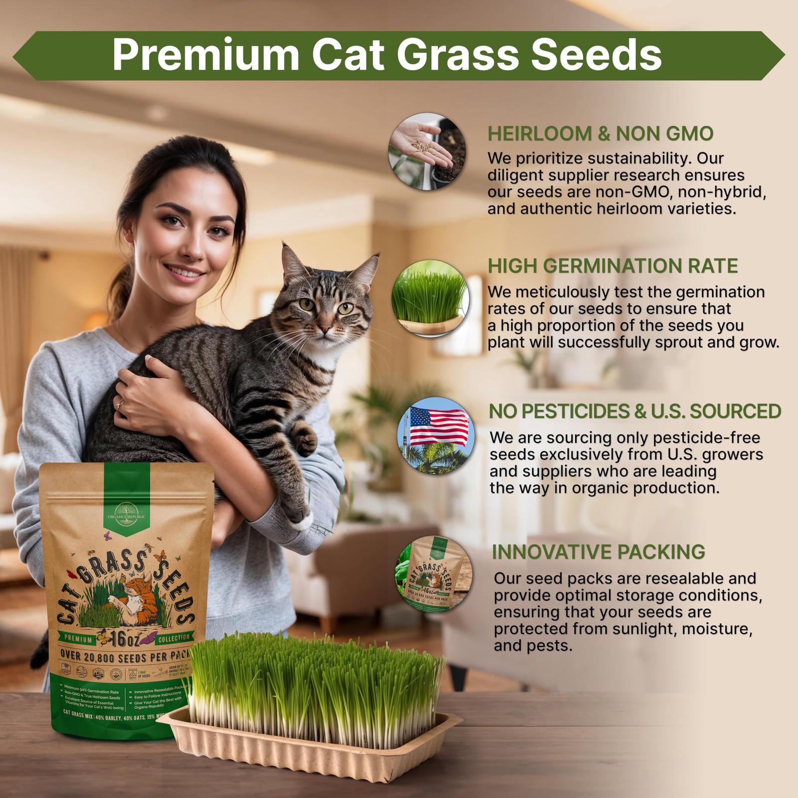 Organo Republic Cat Grass Seeds Mix 20,800 Non GMO Heirloom Seeds for Cats &