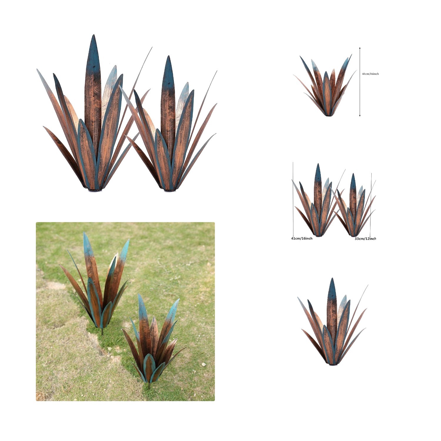 Elegant 2pcs Handmade Metal Agave Plant Sculptures for Unique Garden Decor