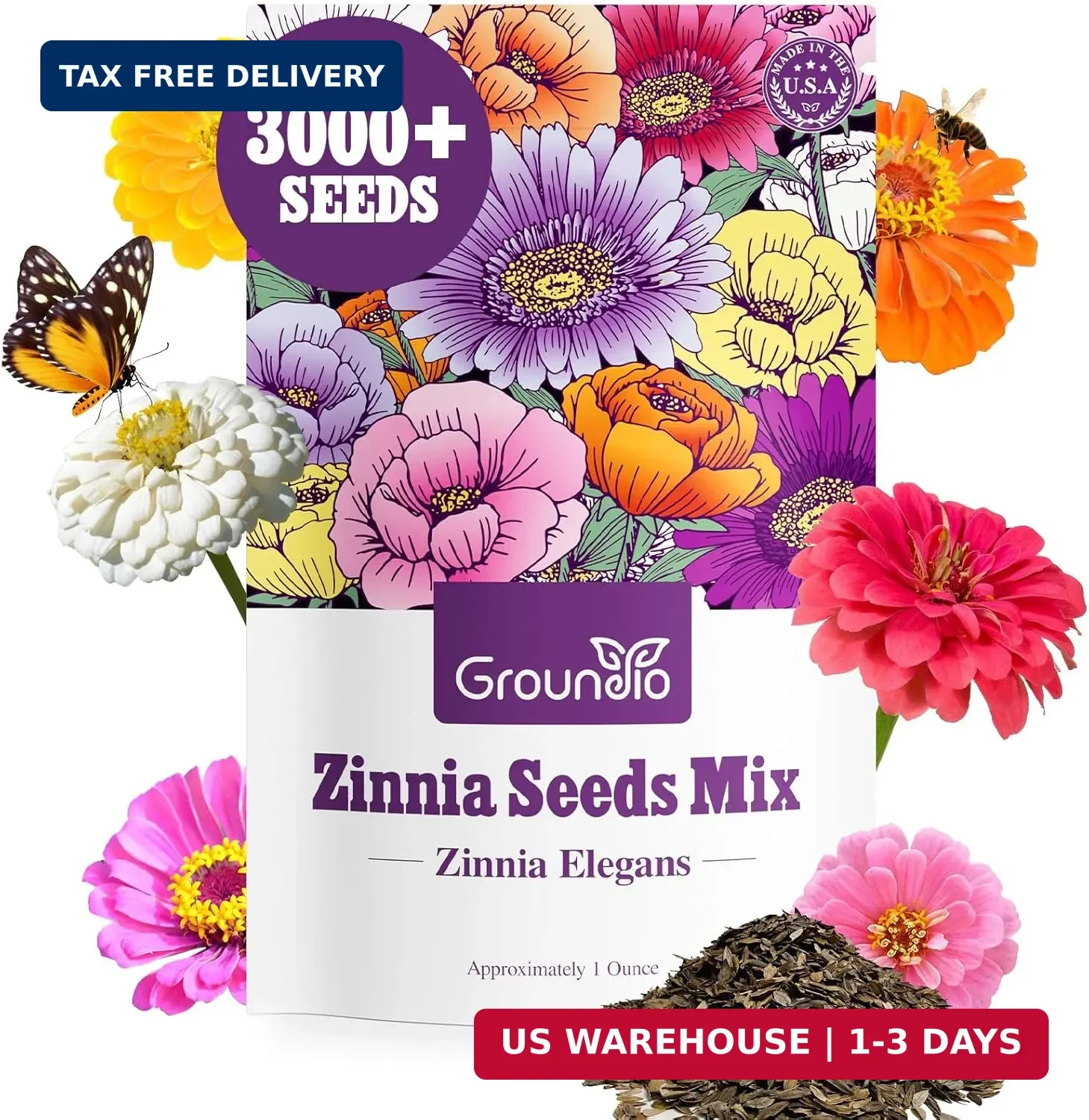 Groundio Zinnia Seeds Mix, 1 Oz, Over 3,000 Flowers Seeds, 5 Varieties (Pink, Ye