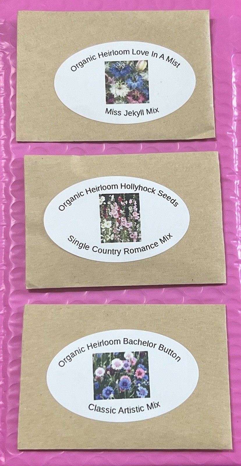 3 Pack Flower Seeds~Organic Heirloom~ Love In A Mist~Hollhock~Bachelor Button