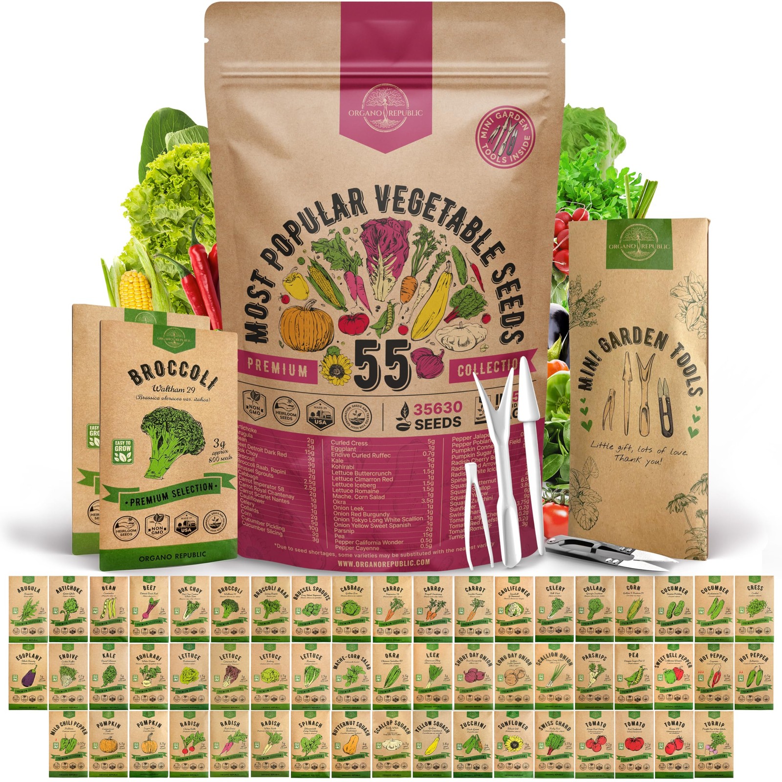 55 Vegetable Seeds Variety Pack – 35,600+ Non-GMO Green, Red, Purple, Yellow