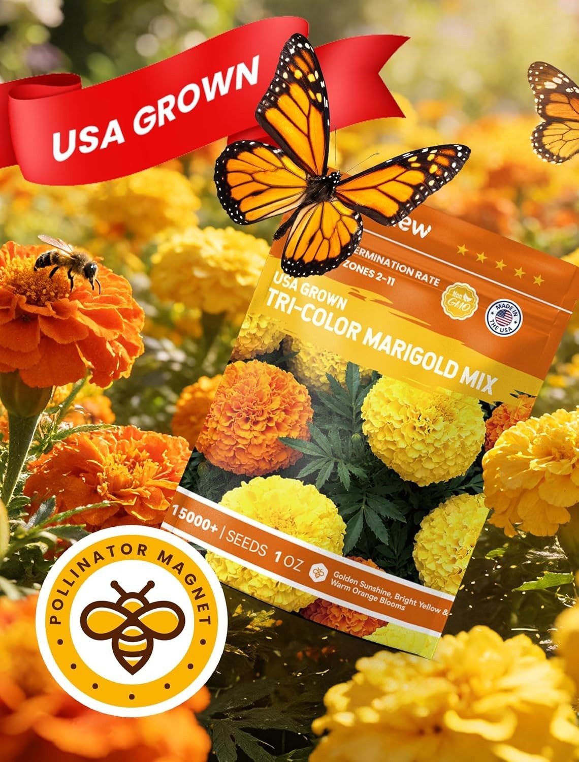 Tri-Color Marigold Seeds for Planting | 15,000+ Heirloom French Marigold Flower