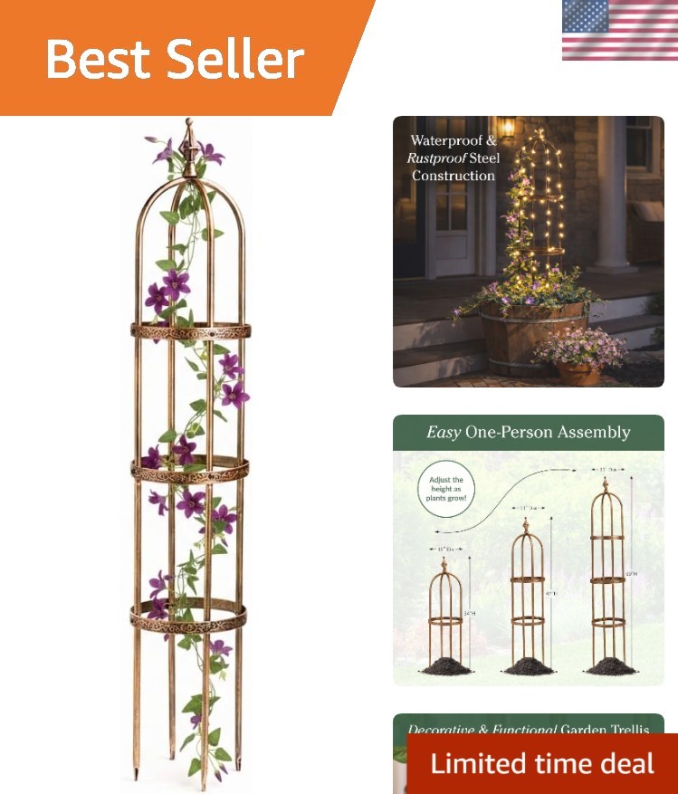 Elegant 5’H Metal Garden Obelisk – Stunning Antique Copper Trellis for Climbi…