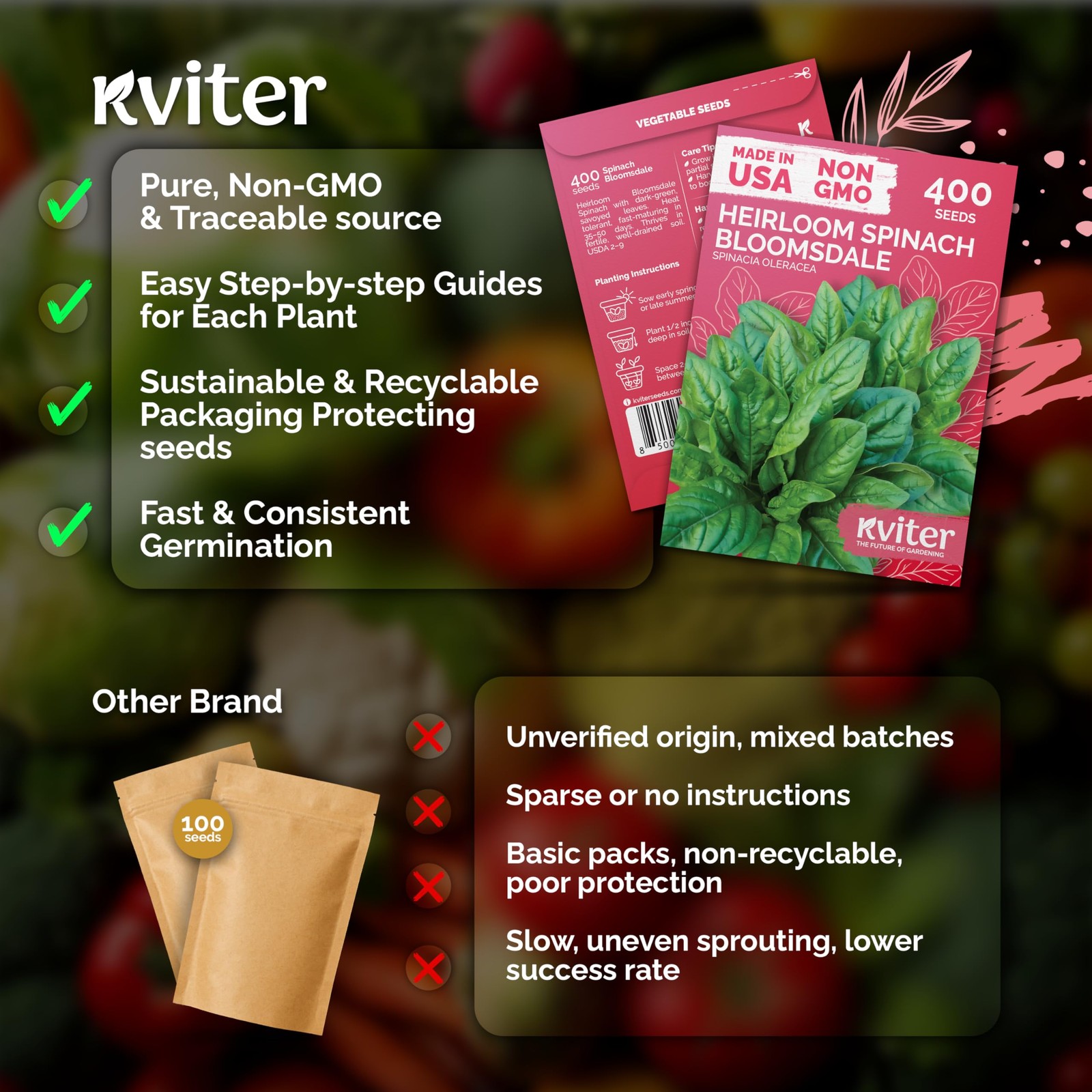 KVITER 400 Bloomsdale Spinach Seeds (Spinacia oleracea)