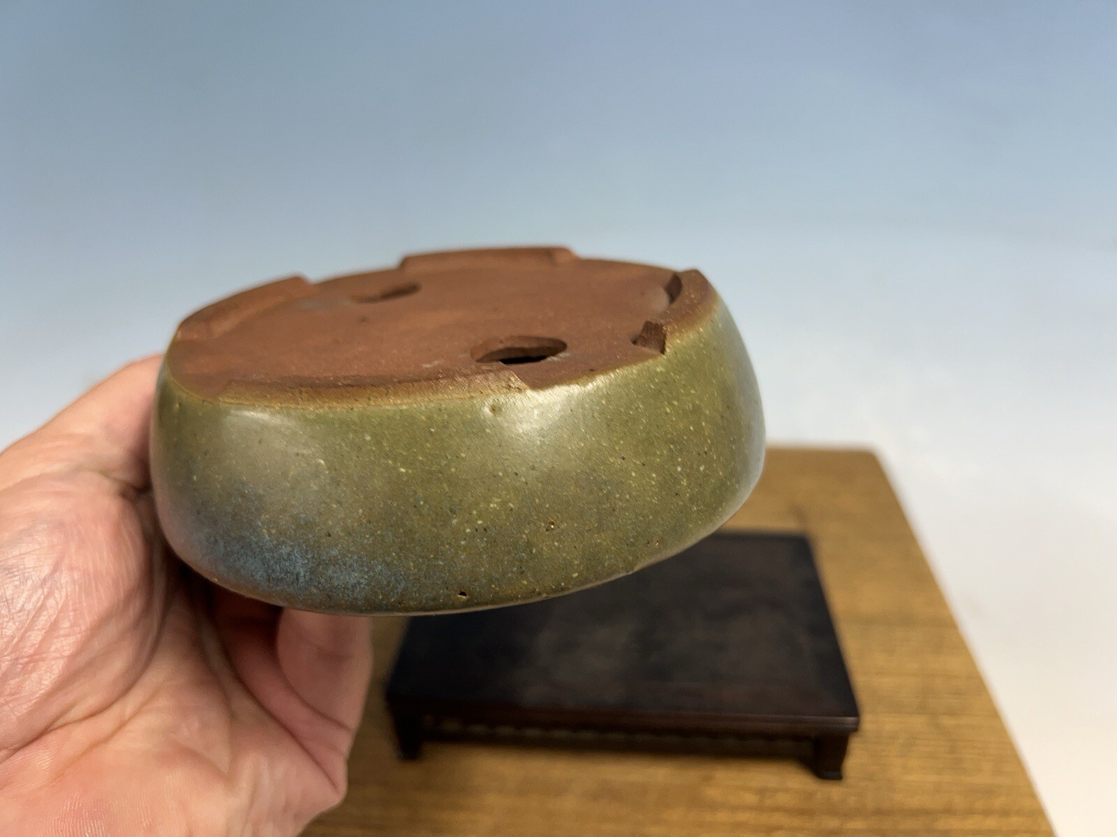 Green Blue Glazed Shohin Size Tokoname Bonsai Tree Pot Yozan 5 5/8” Great Patina