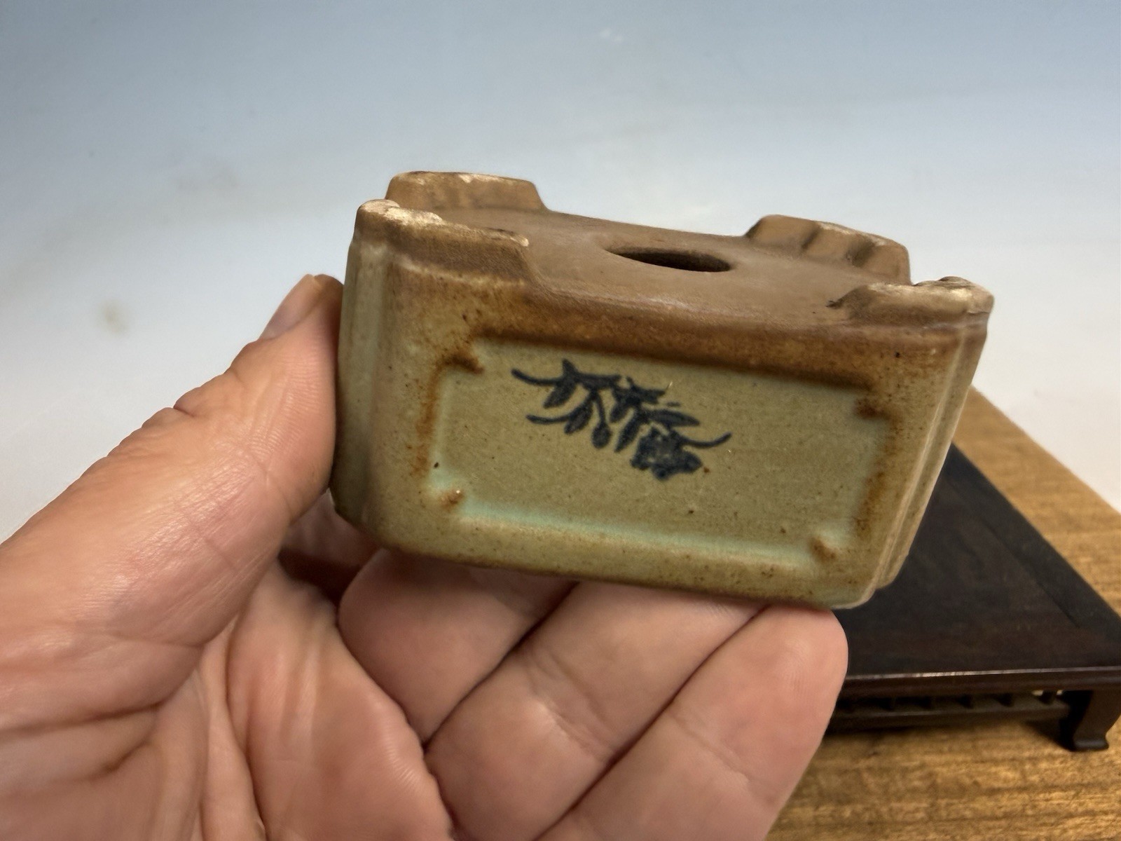 Japanese Unknown Maker Shohin Bonsai Tree Pot 3” Glazed With Motif #2
