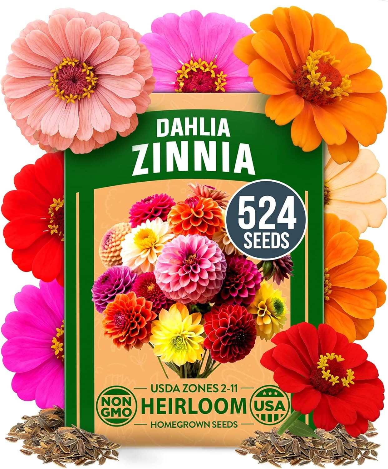 HOME GROWN Zinnia Dahlia Seeds Pack for 2026 Non GMO 524 Flower Seeds | Vibrant