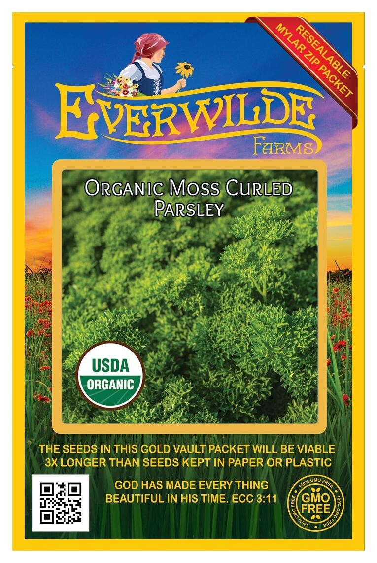 500 Organic Moss Curled Parsley Seeds – Everwilde Farms Mylar Seed Packet