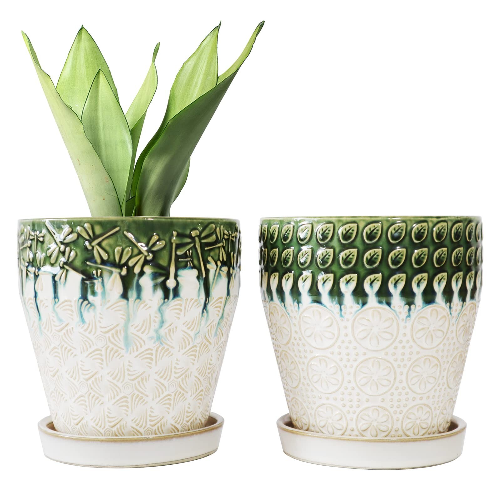 6 Inch Ceramic Planter Pots with Drainage Holes, Saucers and Mesh Pads for In…