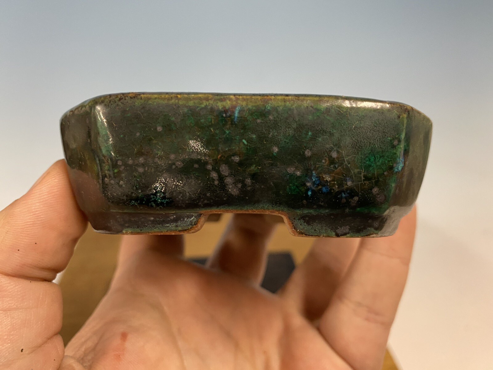 Green And Blue Glazed Shohin Size Tokoname Bonsai Tree Pot Made Koyo 4 3/8”