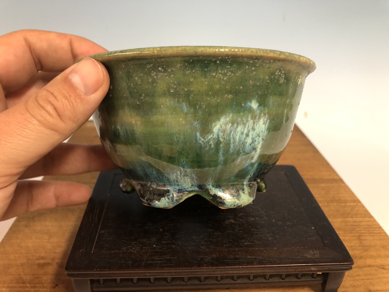 Green Blue Round Glazed Shohin Size Bonsai Tree Pot Fugushige Bushuan 5”