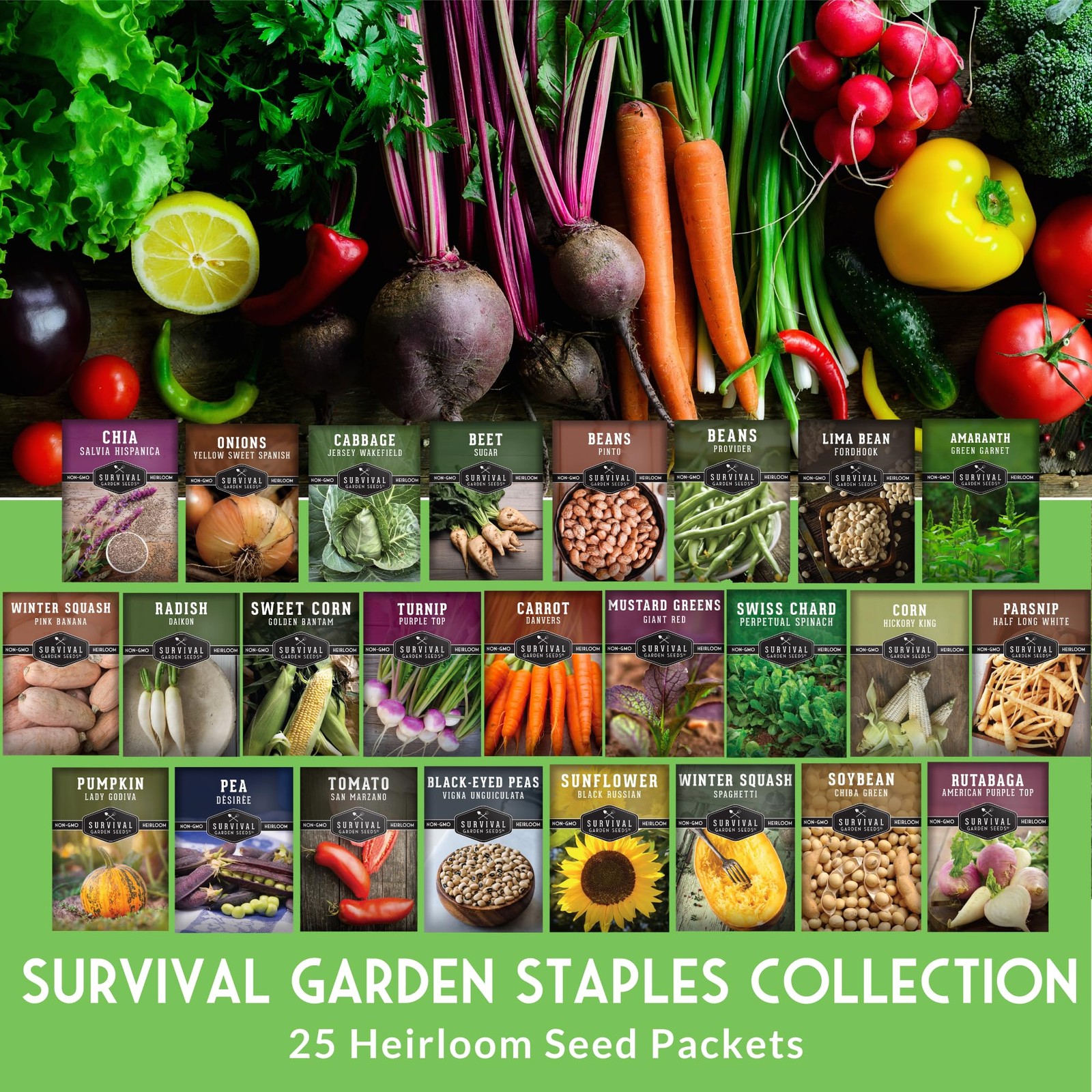 Survival Garden Seeds Garden Staples Seed 25 Heirloom Non-Gmo Varieties For