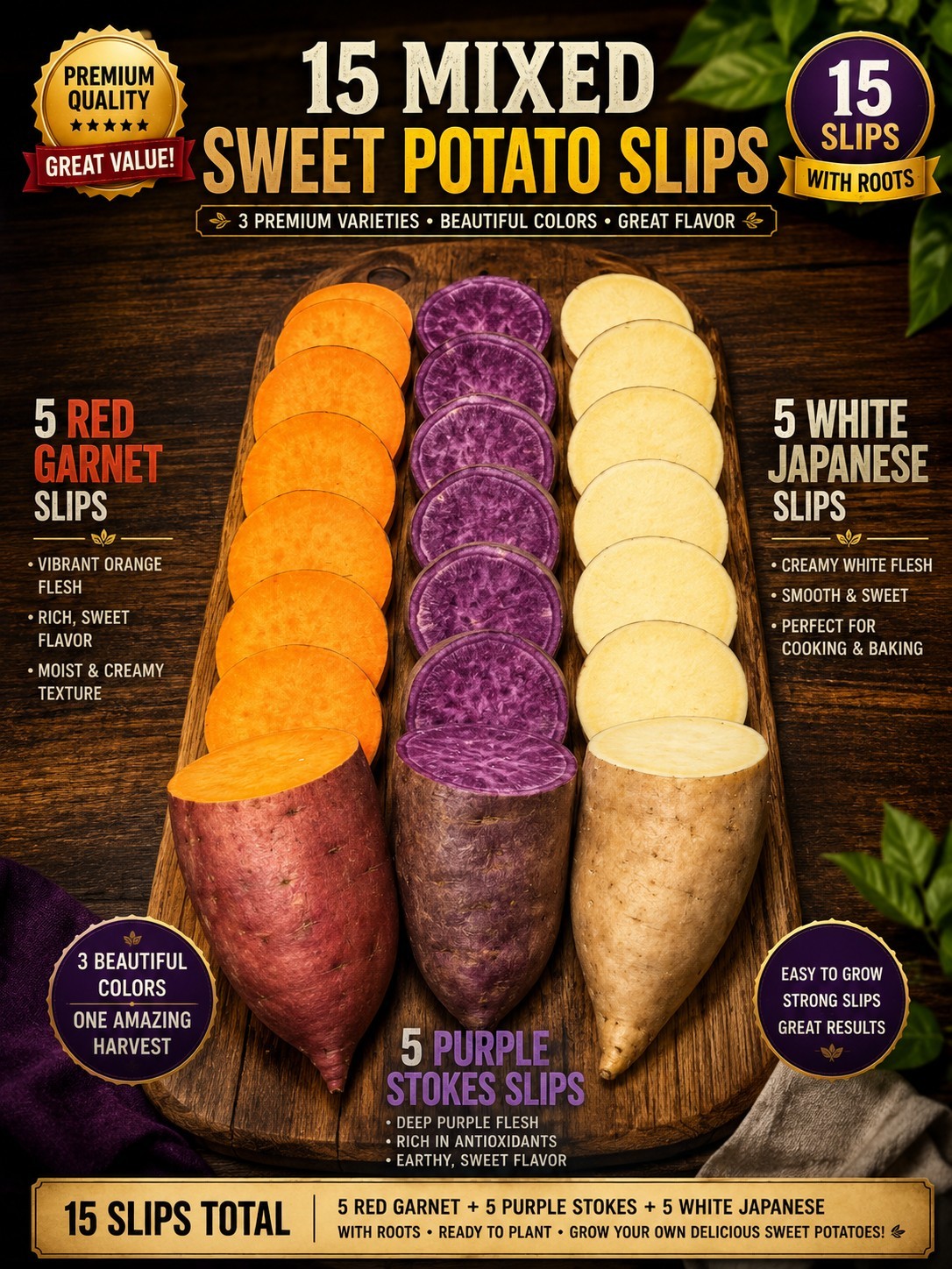 15 Mixed Sweet Potato Slips Red Garnet, Purple Stokes And White Japanese Rooted