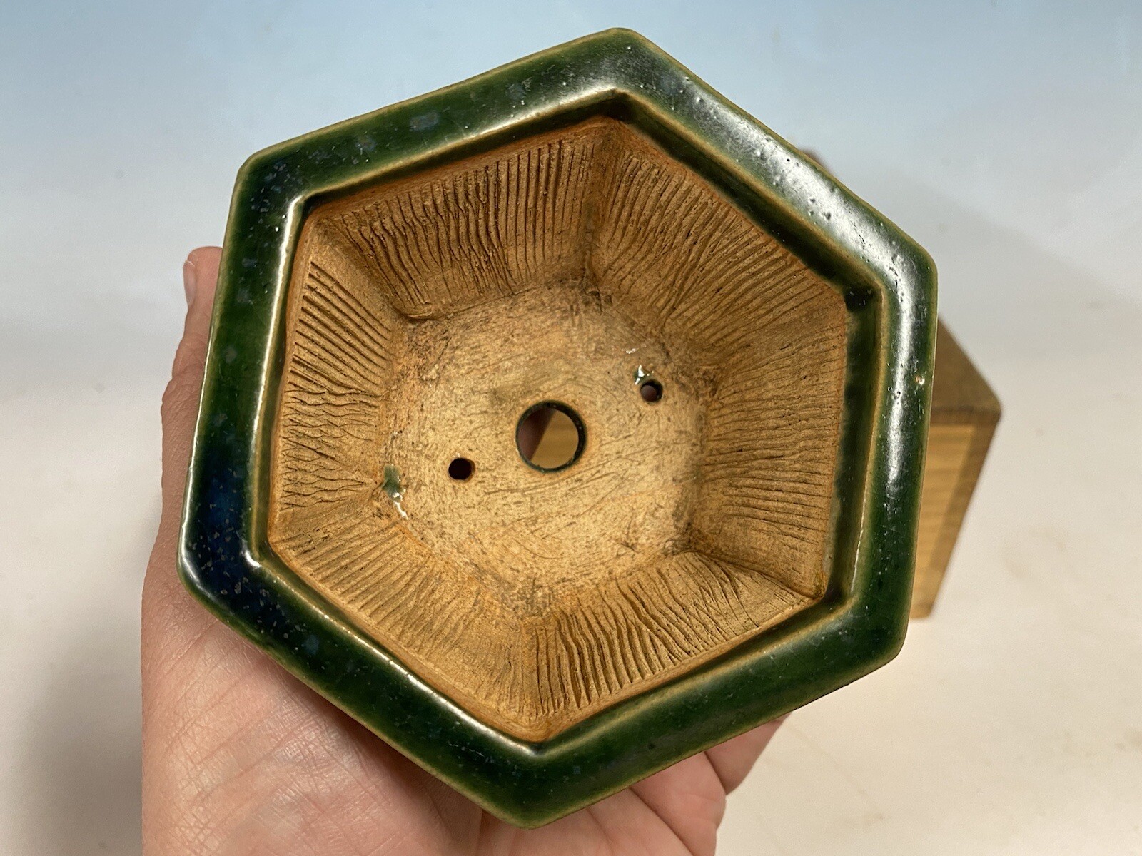 Beautiful Green And Blue Glazed Shohin Size Bonsai Tree Pot Heian Kosen 4 1/2”