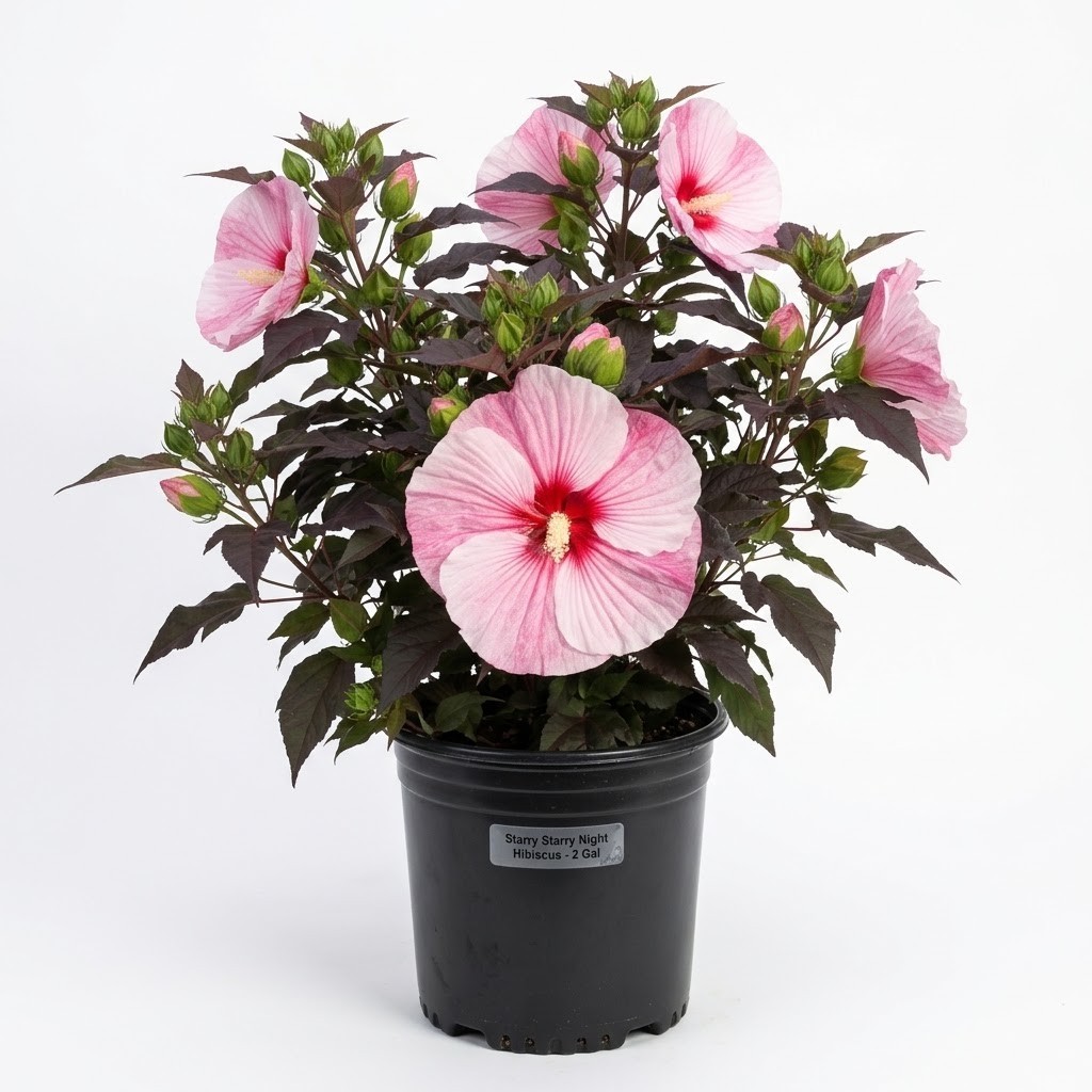 Live Starry Starry Night Hibiscus Plant 2 Gallon Pot Hardy Pink Blooms Dark Leaf