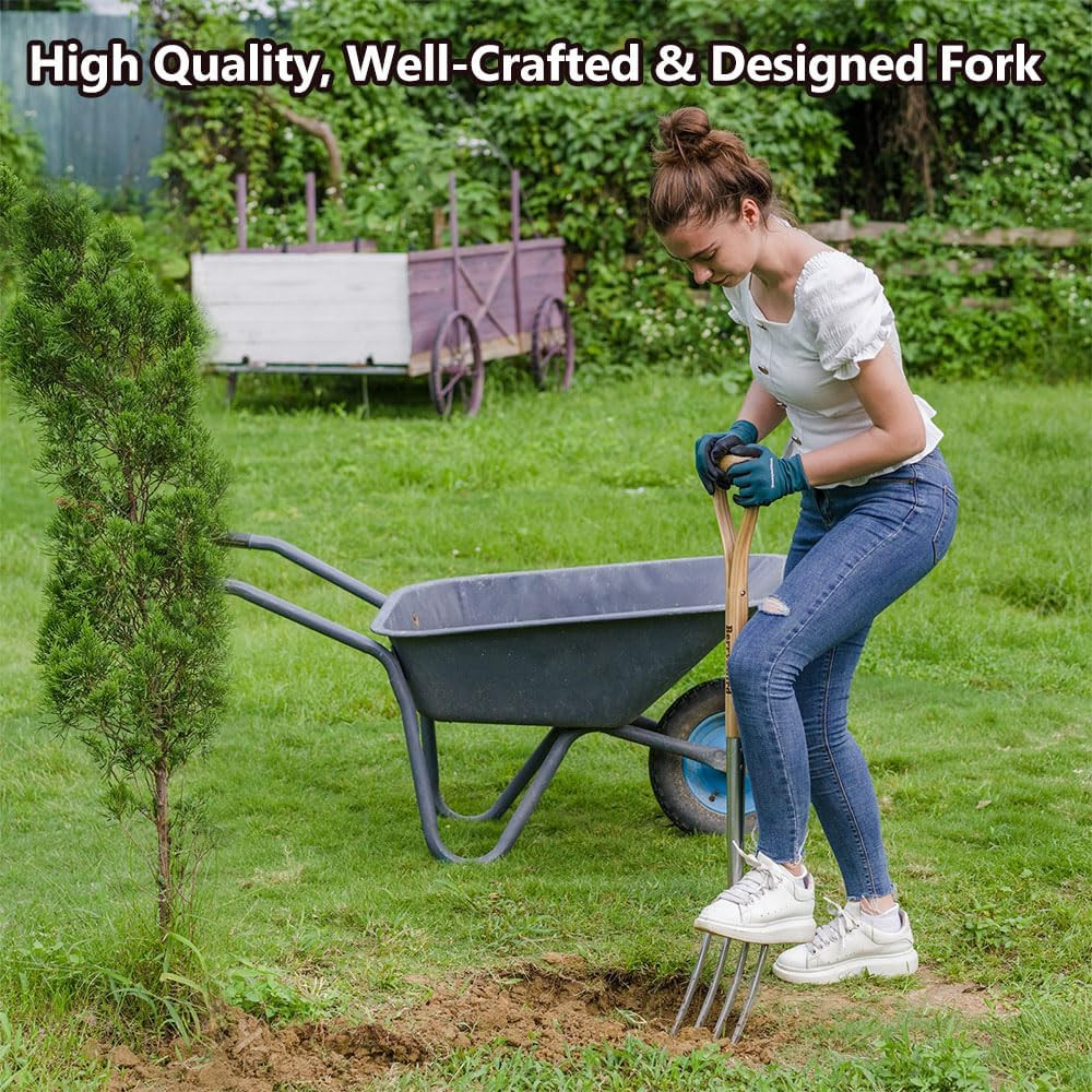 Garden Digging Fork, 37.4″ Stainless Steel Garden Spading Fork with D-Grip Handl