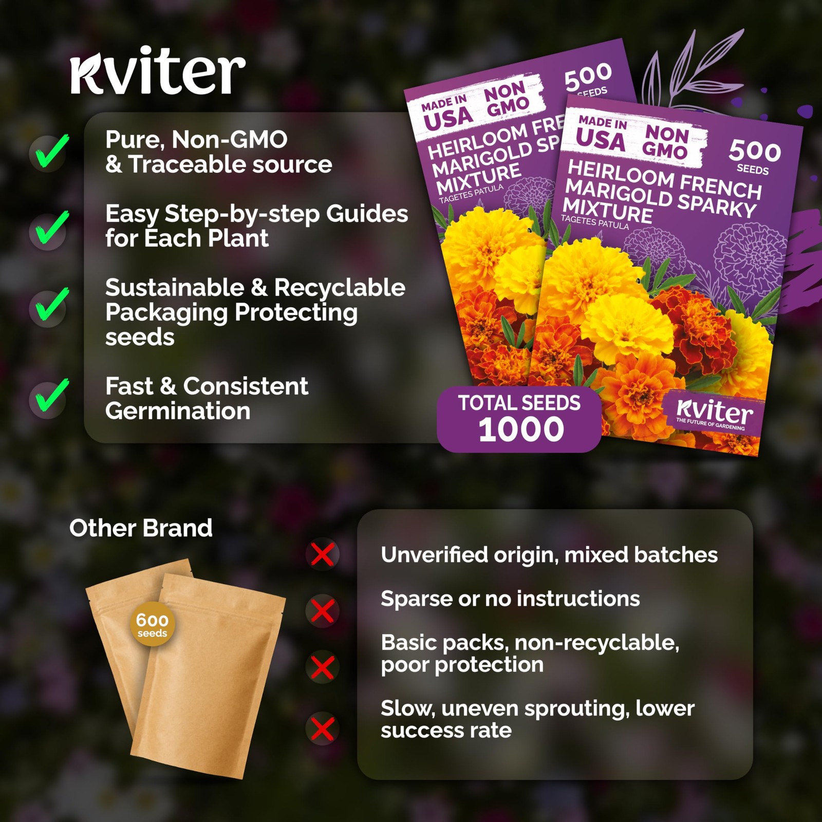 KVITER 1,000 French Marigold Seeds, Sparky Mix (Tagetes Patula), 2 Pack
