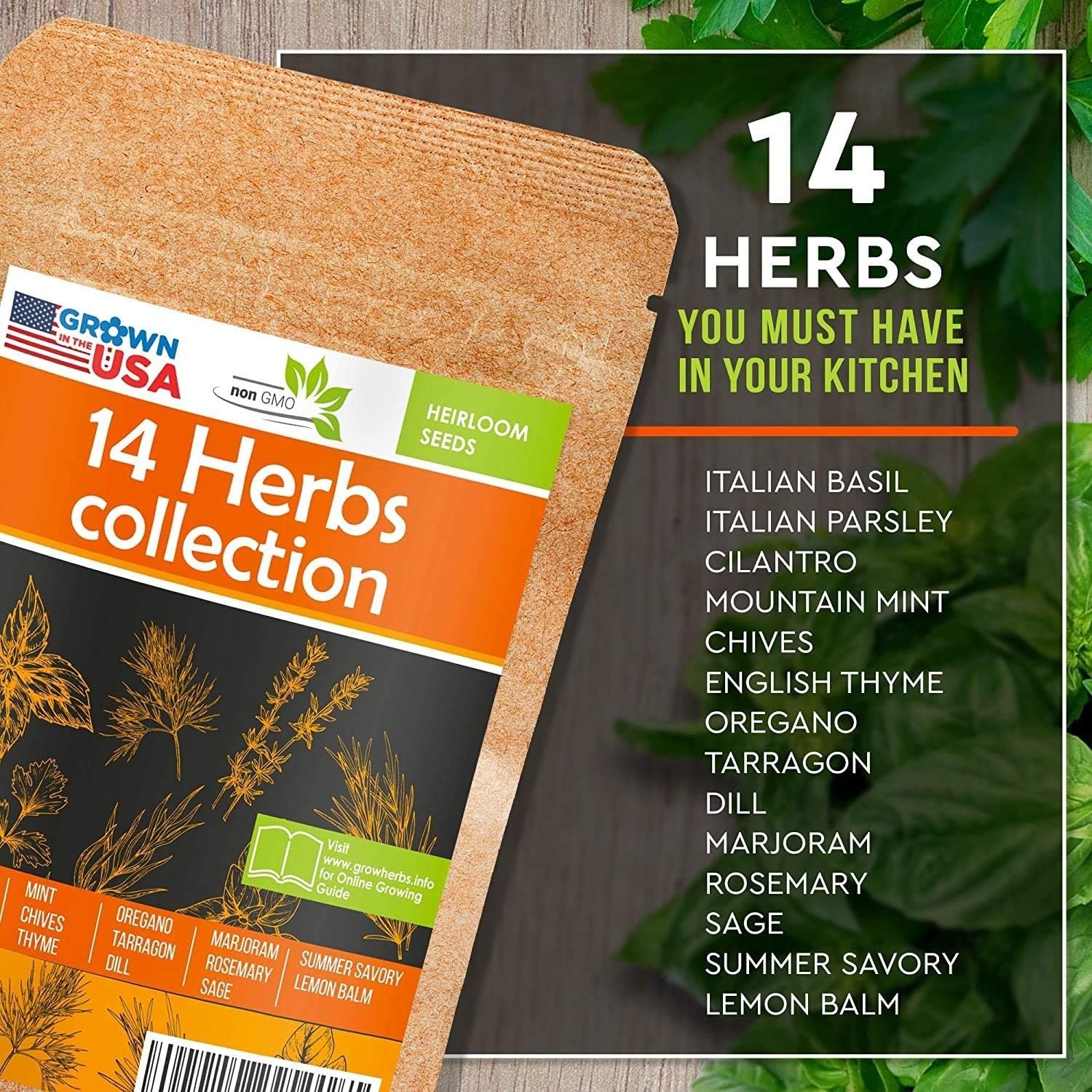14 Culinary Herbs Seeds – High Germination Rate, USA Grown Non-GMO Varieties