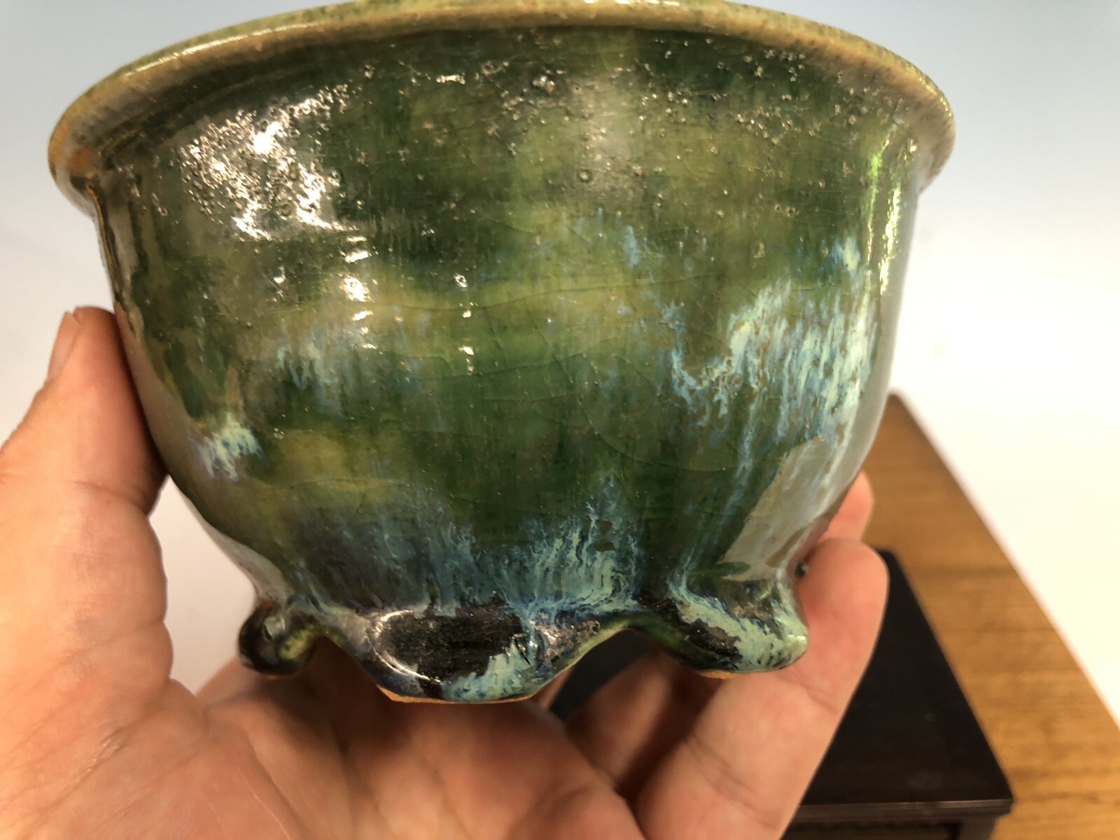 Green Blue Round Glazed Shohin Size Bonsai Tree Pot Fugushige Bushuan 5”