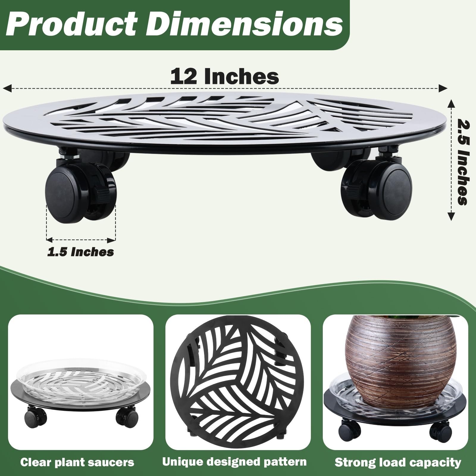 2x 12″ Heavy Duty Wrought Iron Plant Caddy w/ PU Wheels – Indoor/Outdoor