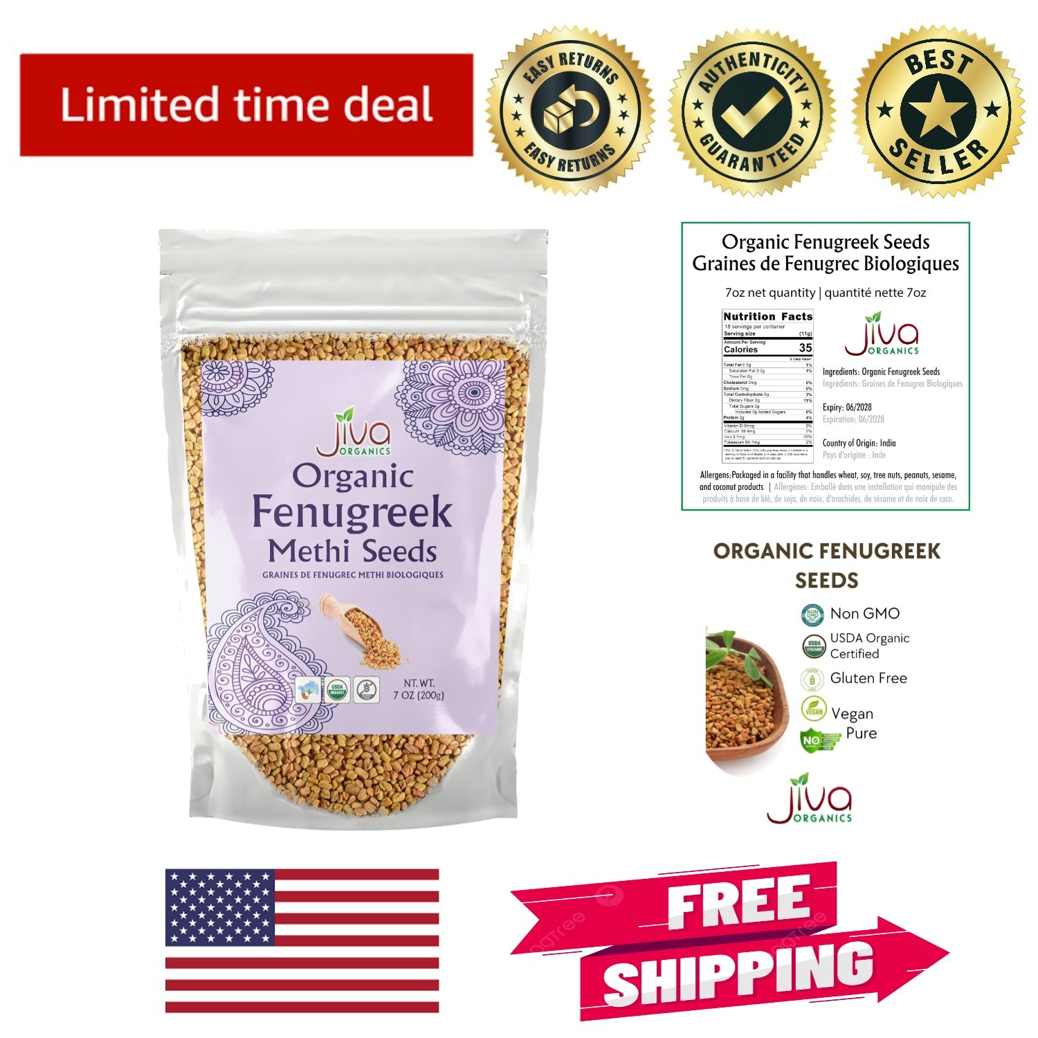 Organic Fenugreek Seeds 7 Ounce – Non-GMO, All Natural Spices for Hair & Cooking